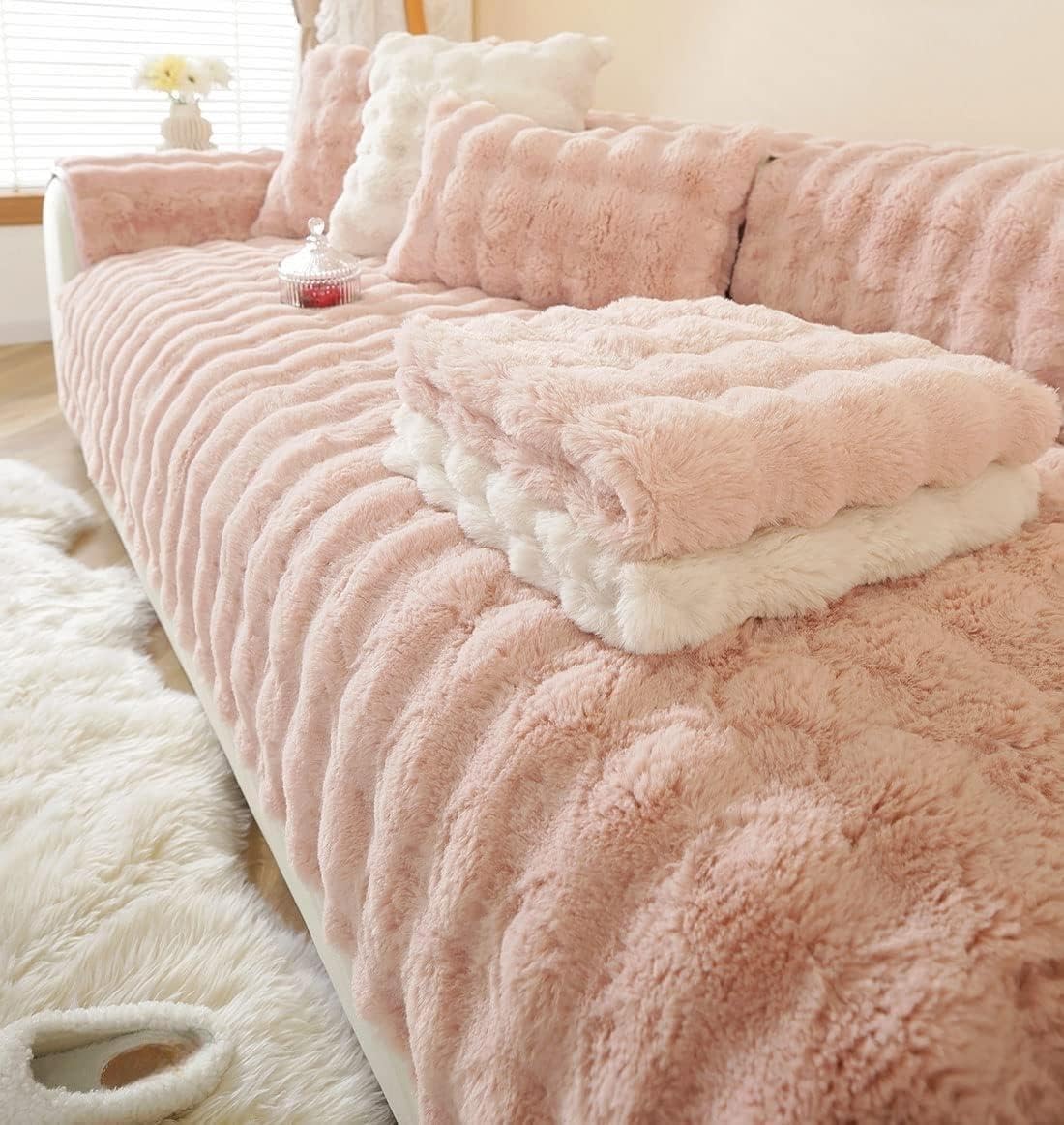 Hufu Rabbit Plush Sofa Cover, Soft Warm Velvet Non-Slip Slipcover for 1-3 Seater L Shape Sofa