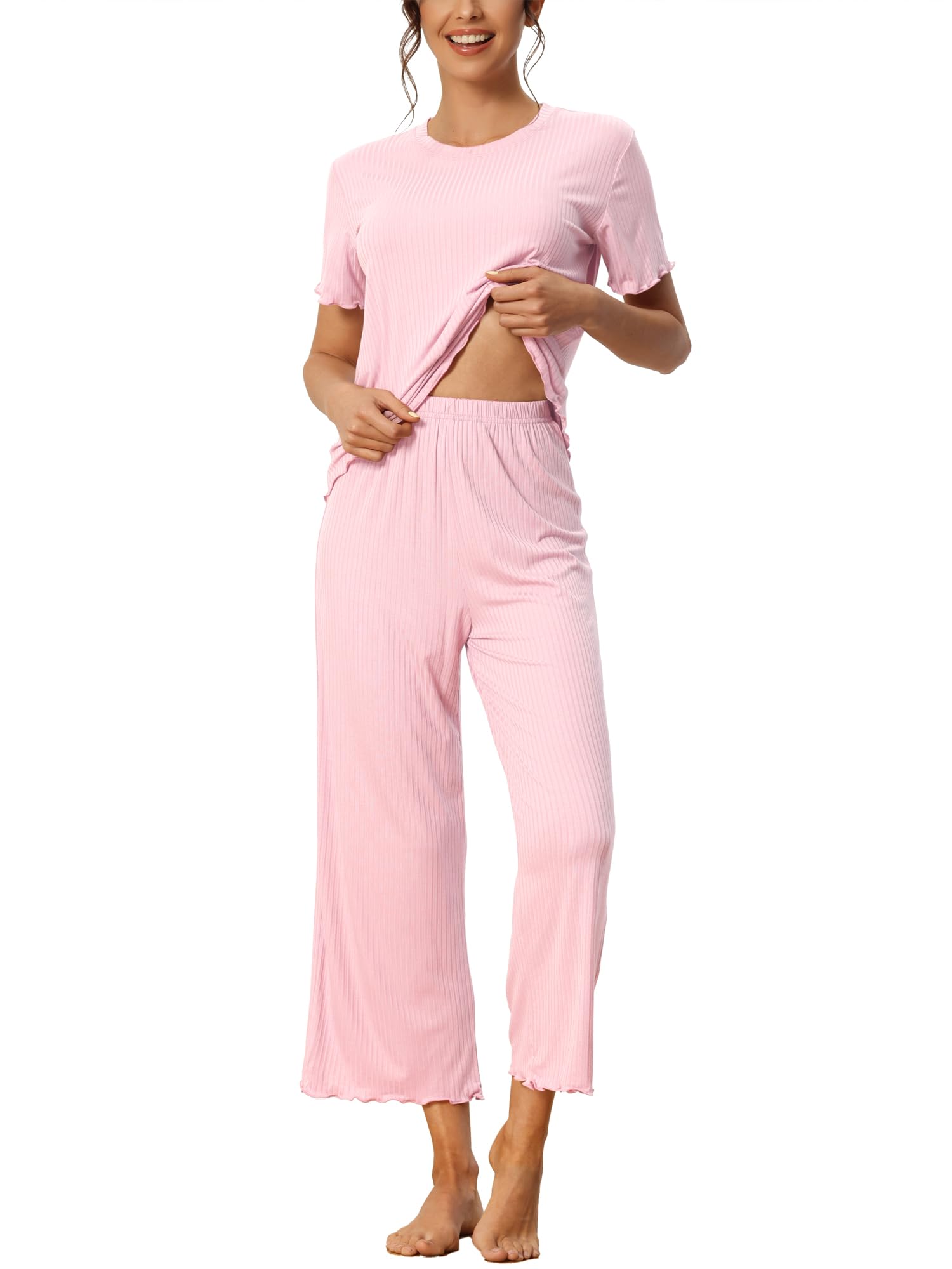 Women's Ribbed Knit Pyjama Set - Light Pink M-image-d8018203-d6fd-47d9-9a3f-a49223938452-115034