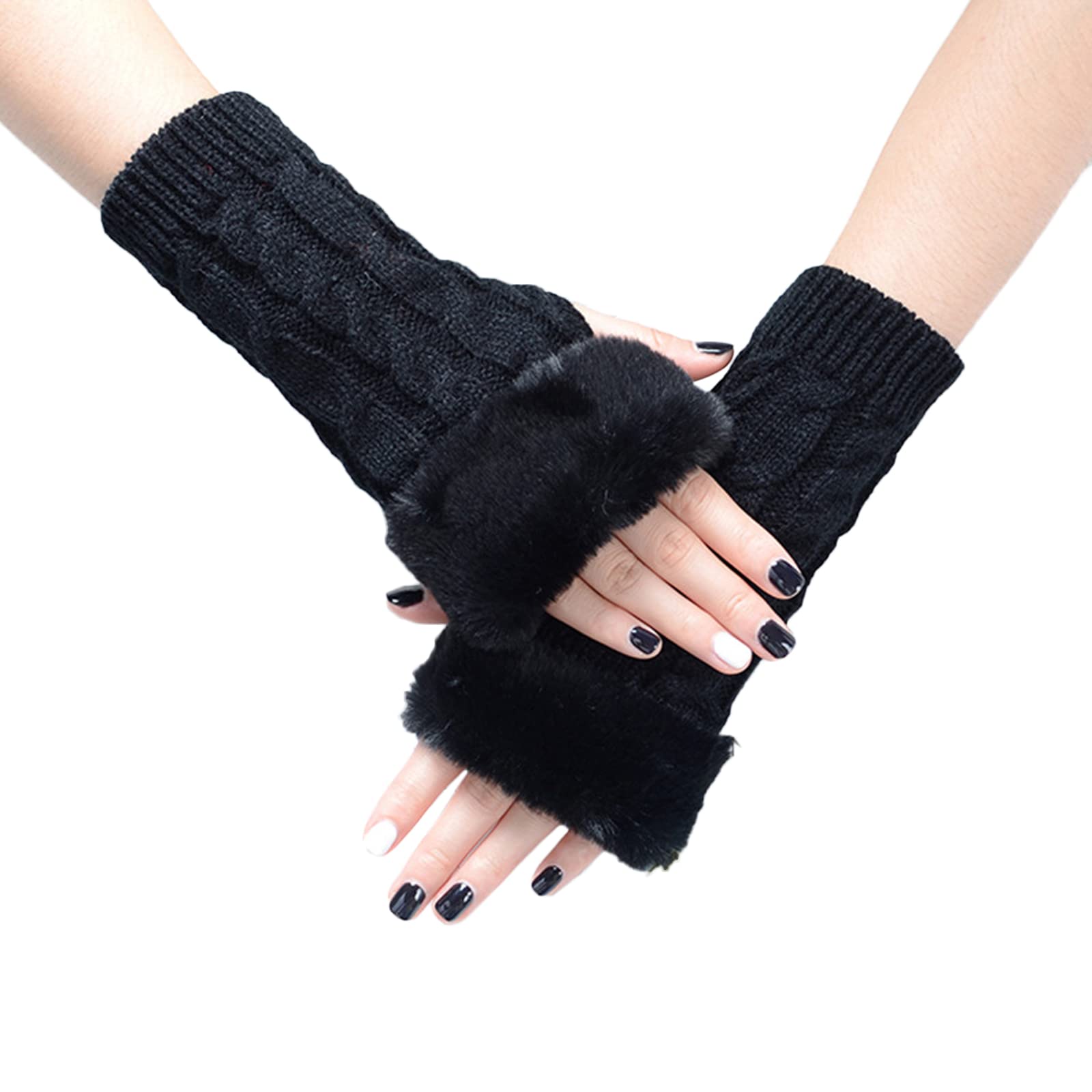 SUNTRADE Women Knit Fingerless Gloves, Arm Warmers with Fur, Faux-image-522fa0d6-9117-405a-a906-c81a36c5e0b1-53677