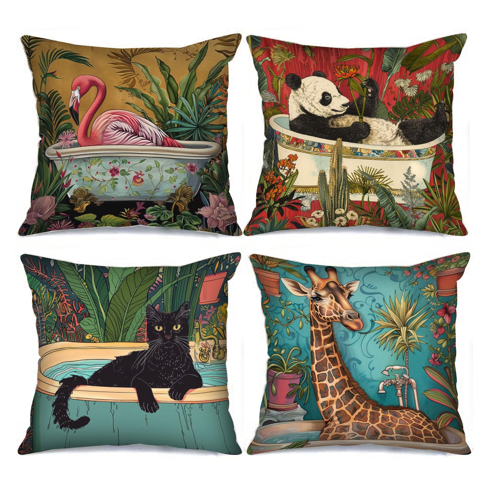Tucocoo Pink Flamingo & Animal Pillow Covers Set of 4, 18x18 inches - Decorative Cushion Cases for Home & Car