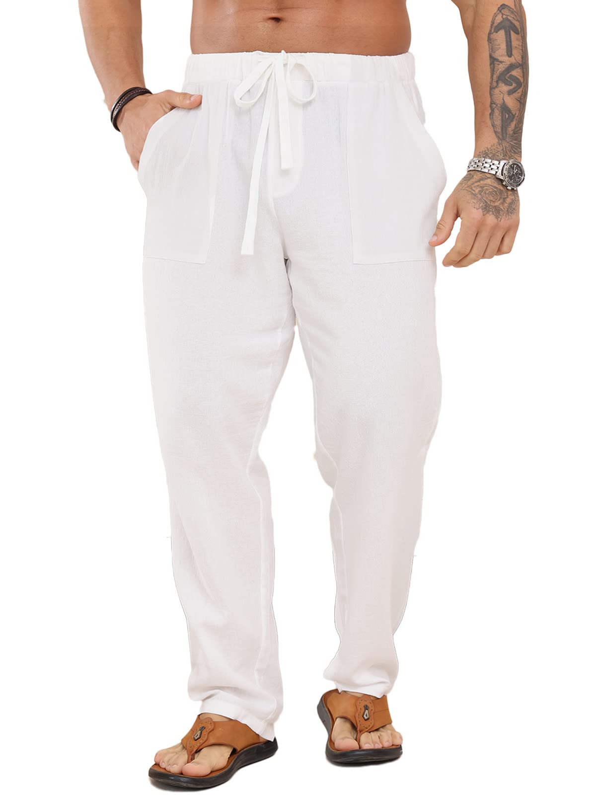 Halfword Mens Linen Trousers Mens Beach Lounge Pants Casual White