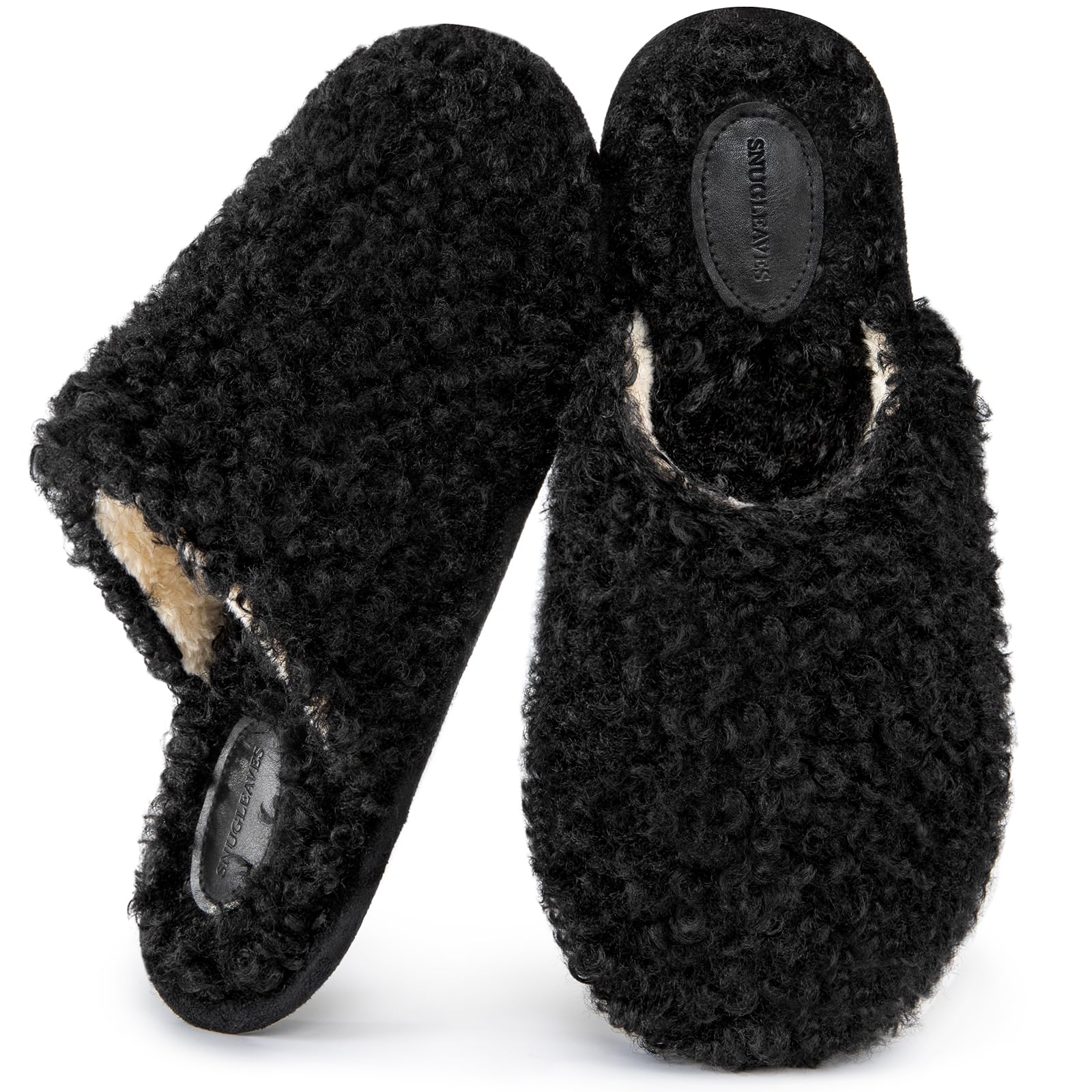 Snug Leaves Women's Scuff Slippers Furry Cute Curly Faux Black, 7-8-image-4ddd7c45-521e-4876-b0ba-1de0b85bf19c-53809