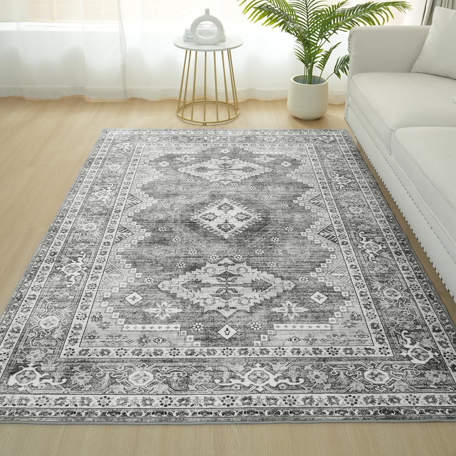 Vintage Washable Area Rug Non-Slip Floral - Grey 120x170cm-image-6b448e4d-8fde-4256-aecf-5dd306880b96-101910