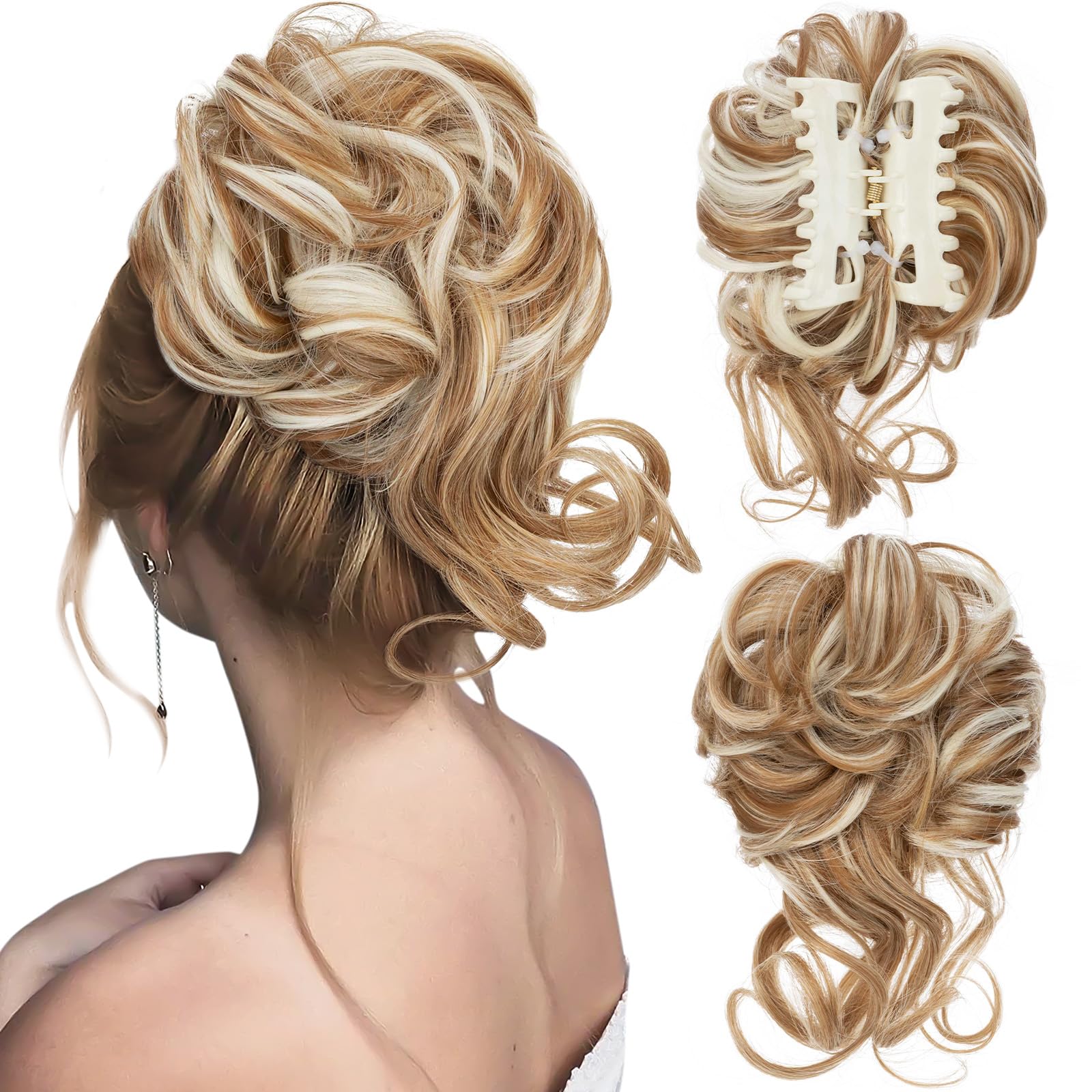 Messy Bun Hair Piece Claw Clip - Light Brown & Light Gold 4 inch