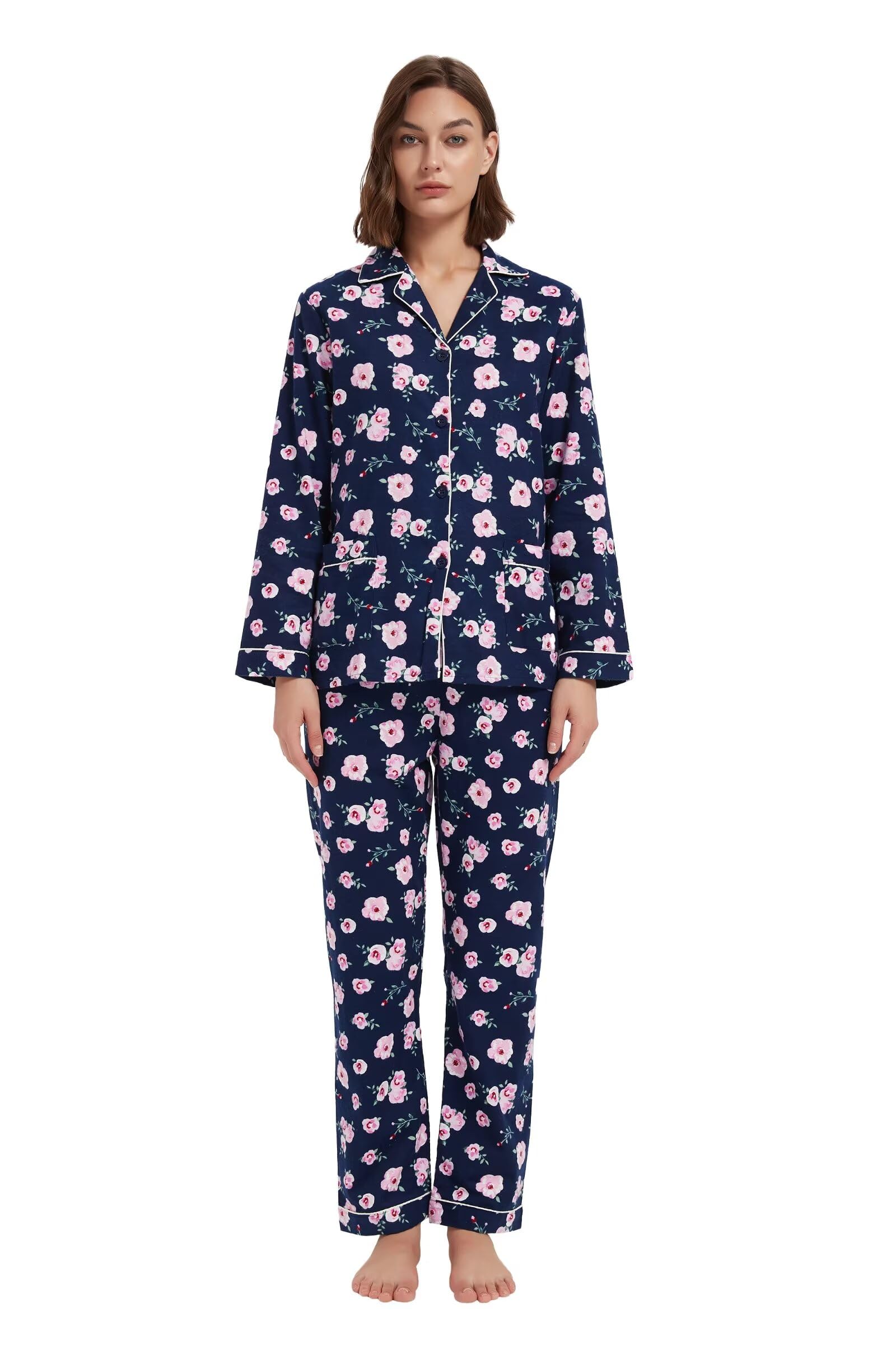 Women's Cotton Flannel Pyjama Set - Dark Blue Floral Red Flower 3XL-image-8c33f460-1405-4e2f-9092-5cb213bb2ea4-115513