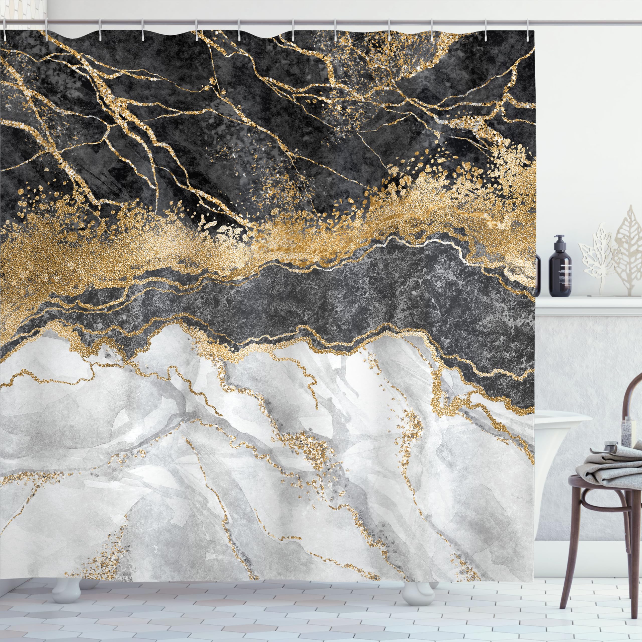Marble Print Shower Curtain 175x180 cm, Dark Grey Pearl-image-a2e6109a-4c79-4309-91a2-9de1cf58e65a-63680