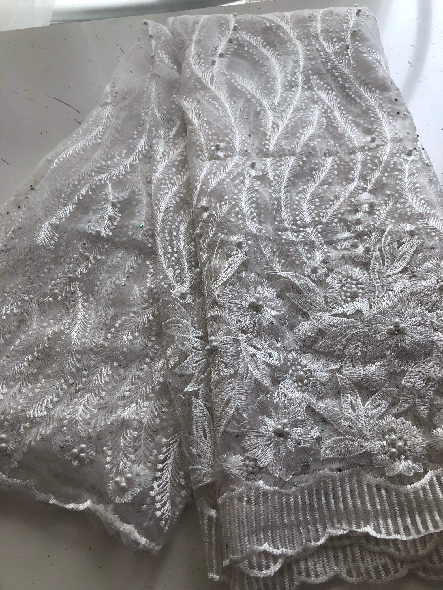 Beaded Lace Fabric Embroidered - White Style 244-image-3370bdfa-47c9-4e75-81c3-ddb4cae92a25-78853