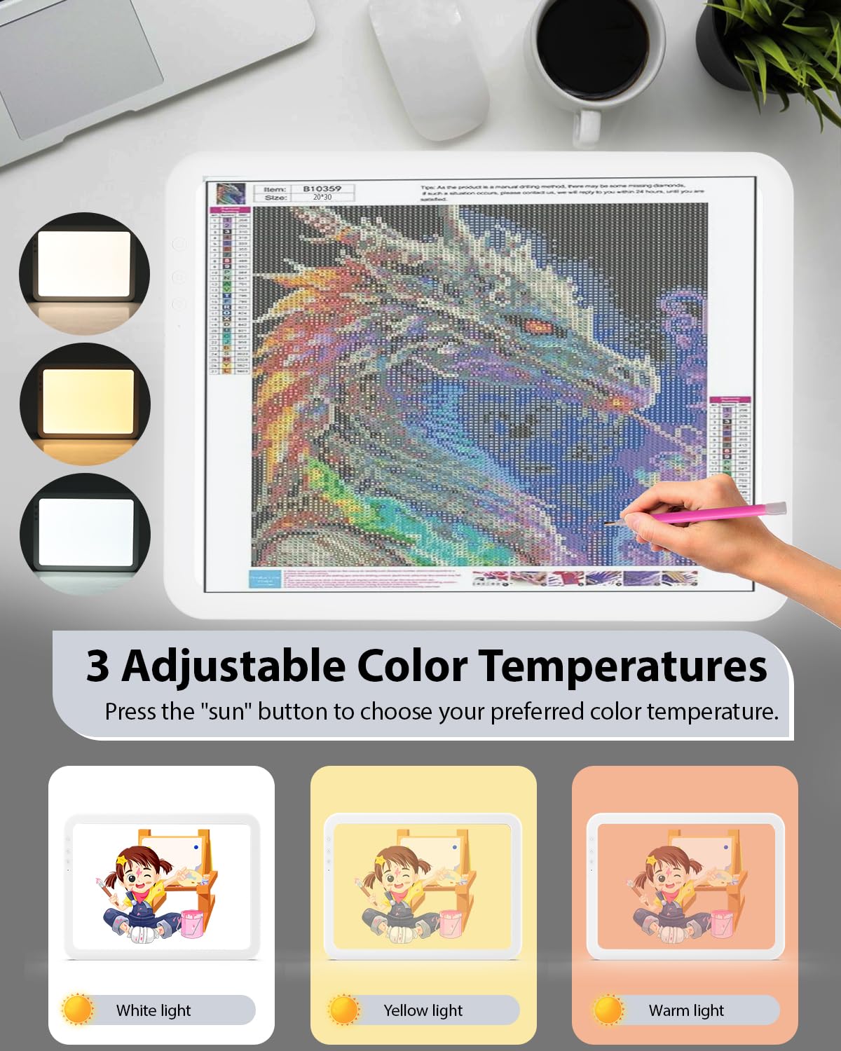 A4 Light Pad Diamond Painting Light Board met standaard, stabiel dimbaar, 3 niveaus, helderheid, tracing light box met type C-kabel, ultradunne led-lichtpad voor het weven, vinyl, tekenen, diamond