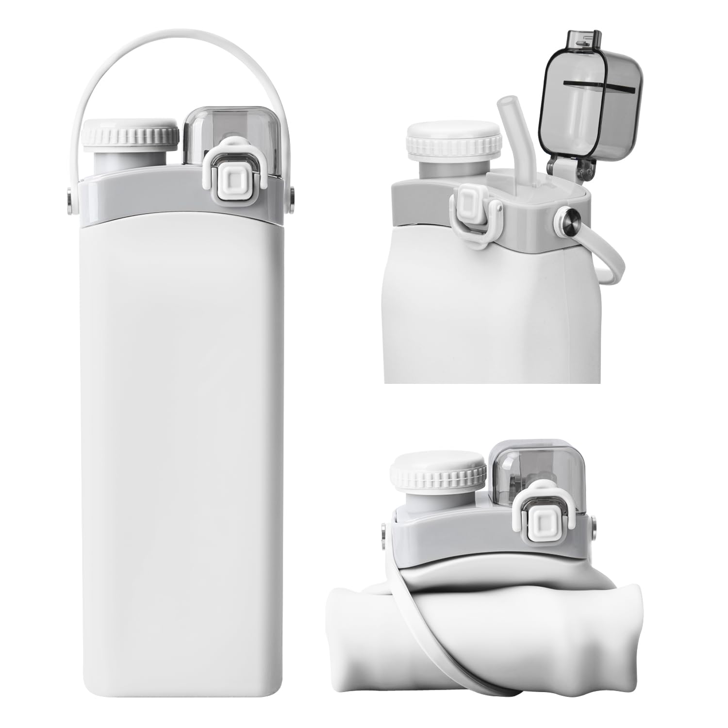 Nefeeko Collapsible 600ml White Silicone Water Bottle with Straw & Strap - BPA Free & Leakproof-image-1ca566cc-db28-4044-900b-0d57cb2eb595-59207