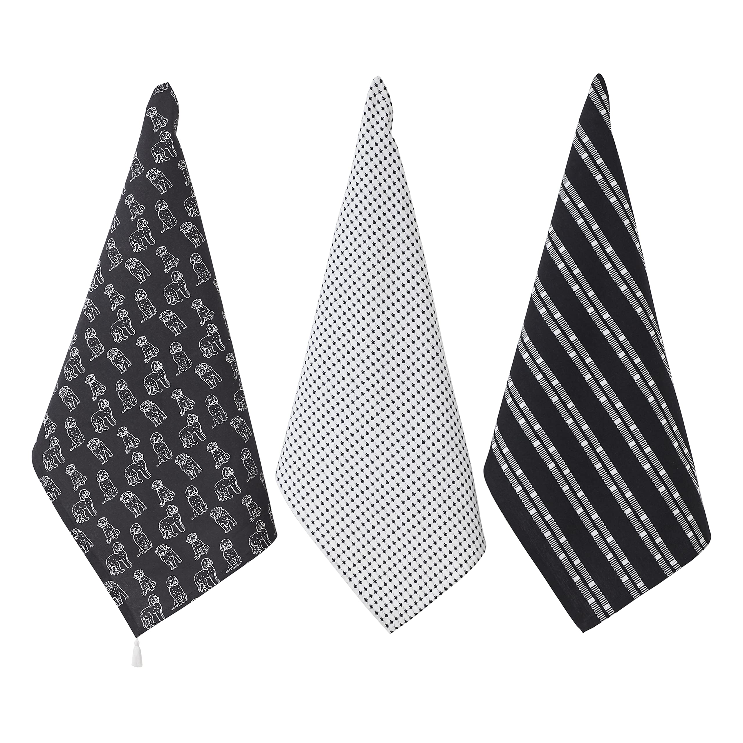 Eco-Friendly Recycled Cotton Tea Towels Set of 3, Black & White, 50x70cm, Tasselled Kitchen Towels-image-58d232e4-4f2d-40b8-8e0e-fefce403d526-69936