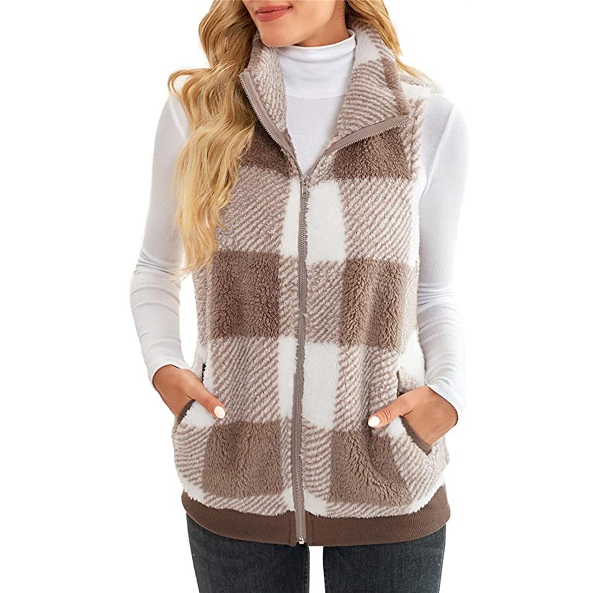 Women's Checked Fleece Gilet - Khaki S-image-546c5001-b3bf-4b73-aa0d-5d913851a6ec-103620