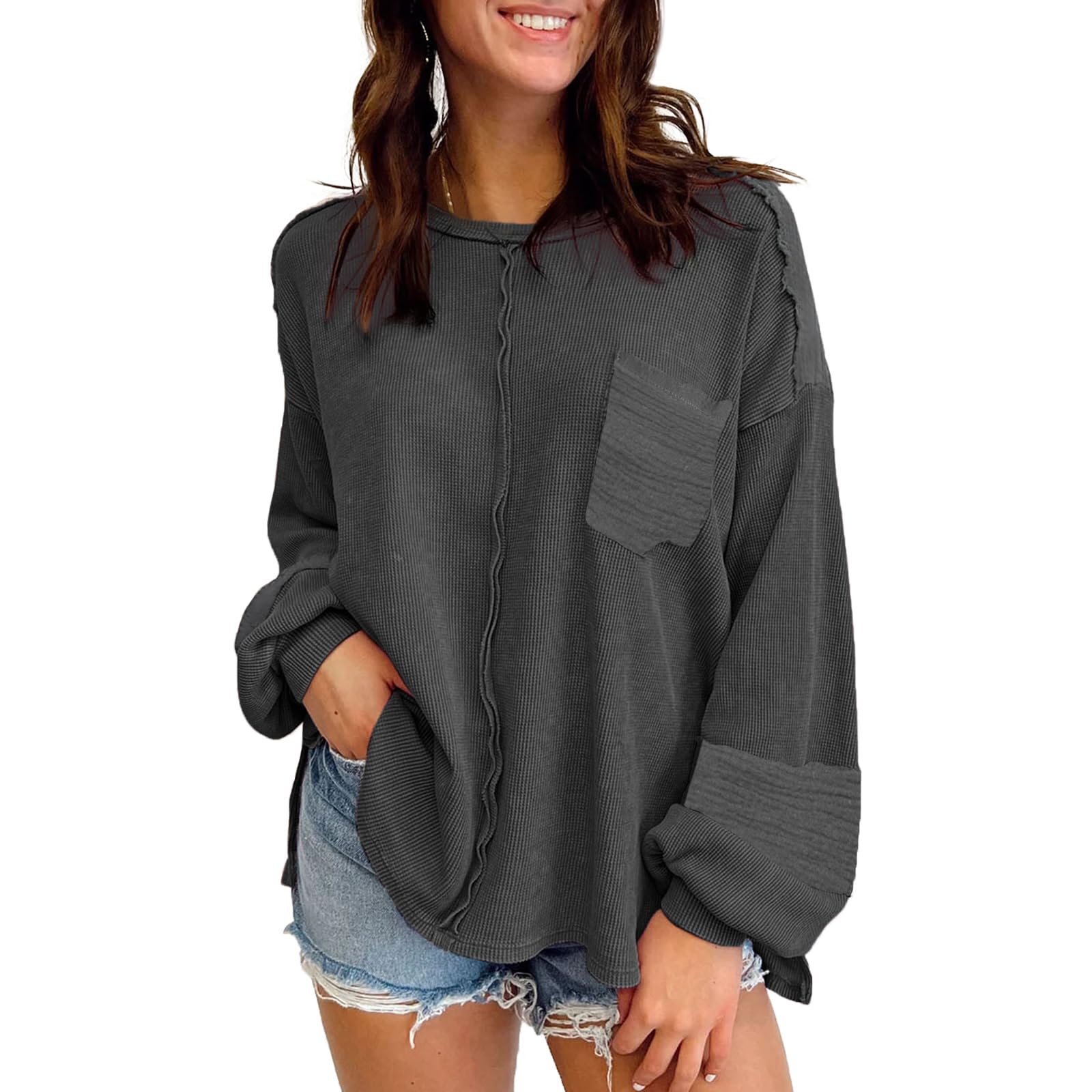 Women's Waffle Knit Blouse - Grey S-image-47cdd533-8438-408d-81fe-c96d377ead3f-94931