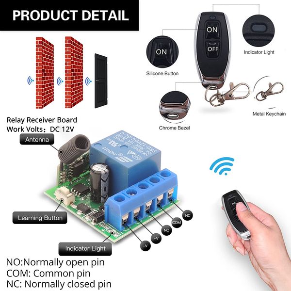 DieseRC Interruttore Remoto Wireless 4 Canali - Ricevitore 433Mhz DC 12V/24V Con 2 Telecomandi - Per Luci, Garage, Motori - Foto 6