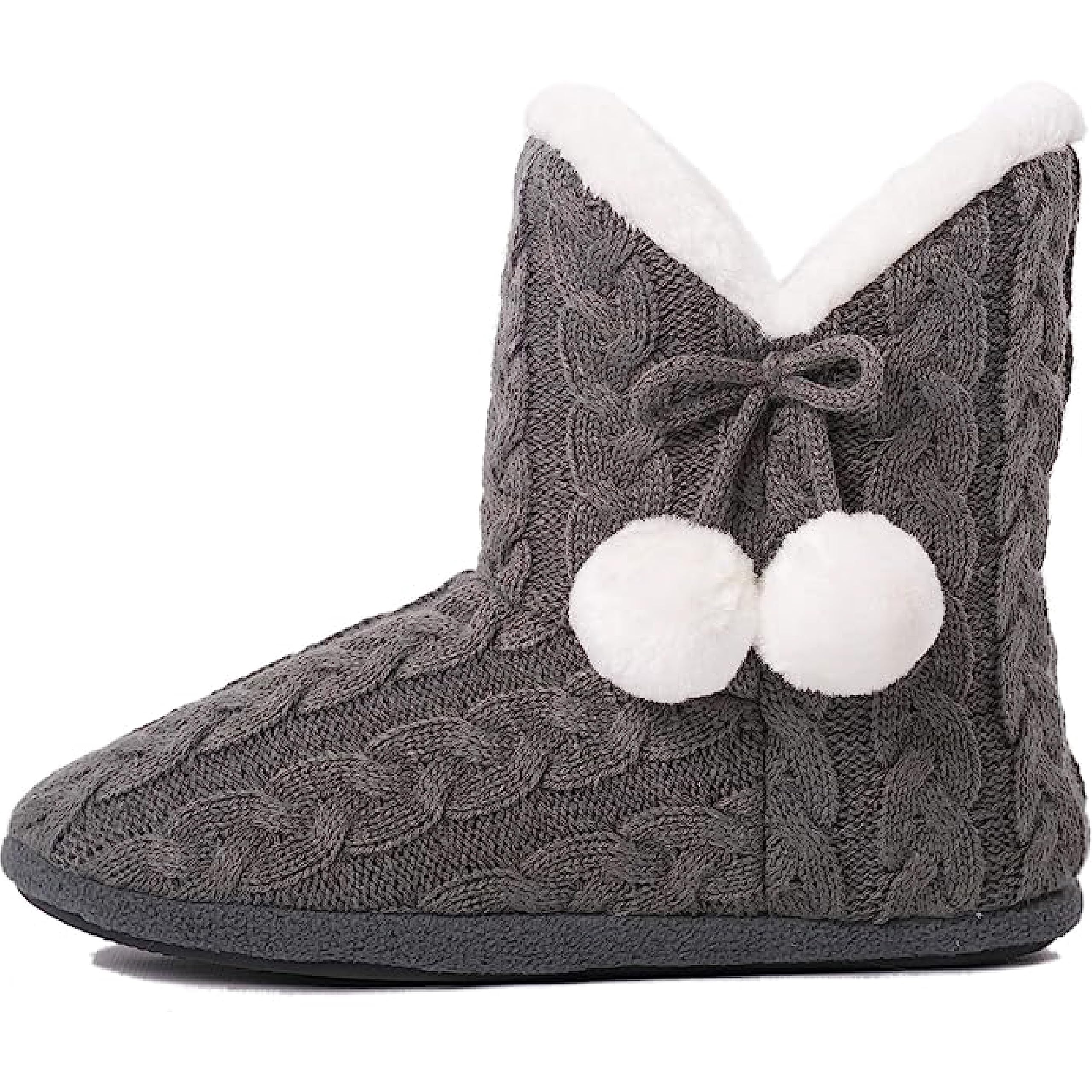 Women's Grey Slipper Boots with Faux Fur Lining & Pom Poms, Non-Slip Sole, Sizes 5/6 UK-image-21c32394-b682-4cea-a079-716109180e38-65398