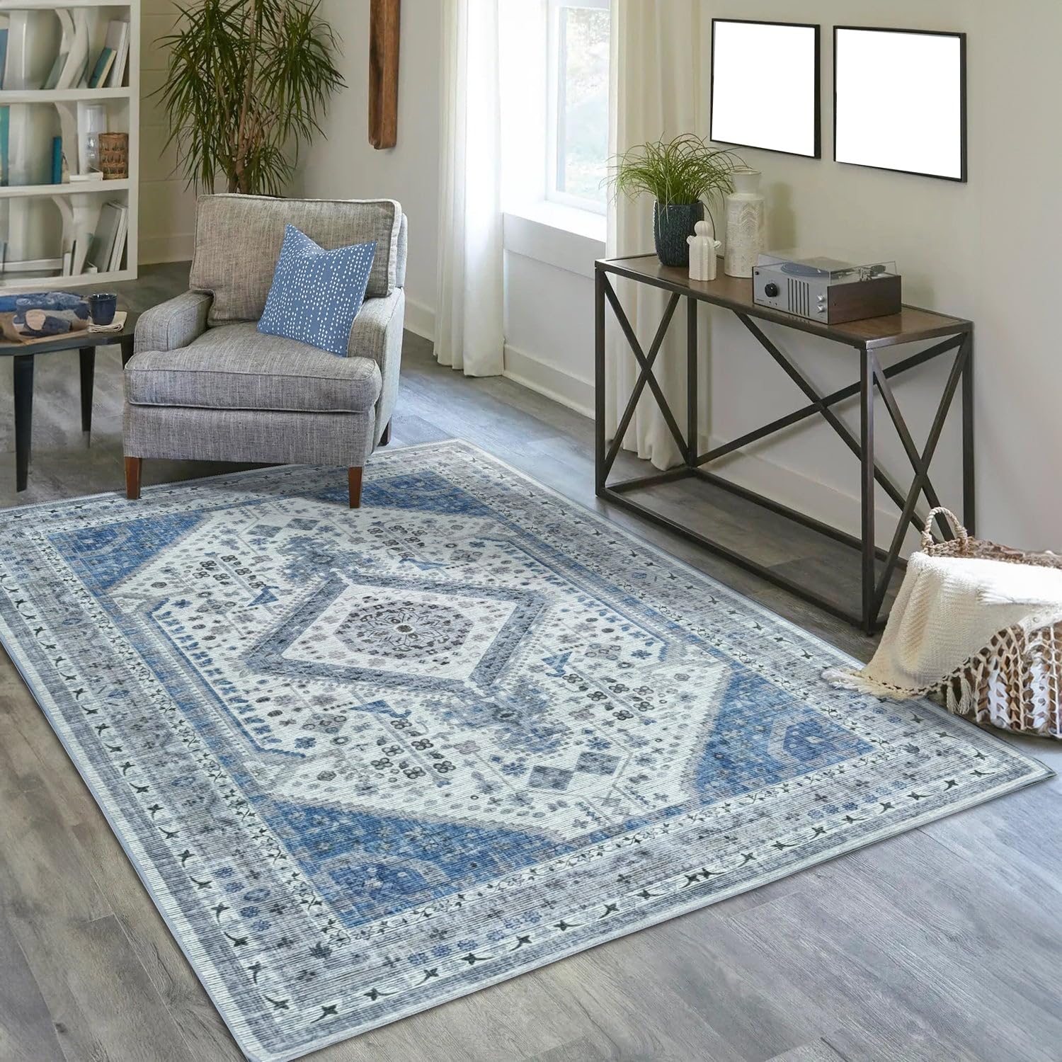 Machine Washable Non-Slip Area Rug - Blue/Grey/Cream 60x150cm-image-6a4bd5d4-4cb7-4e88-98ae-160b1cc98978-114221