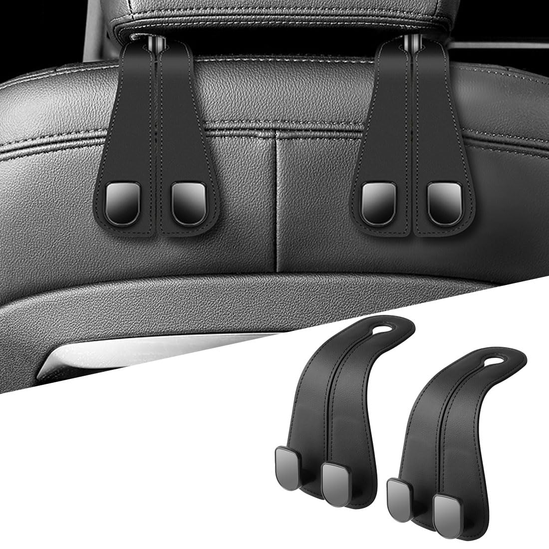 Black Leather Car Seat Headrest Hooks - 2 Pack for Bags, Purses & Organisation-image-9697b8ae-3d87-4de1-b302-9c7fcbbe89a1-65094