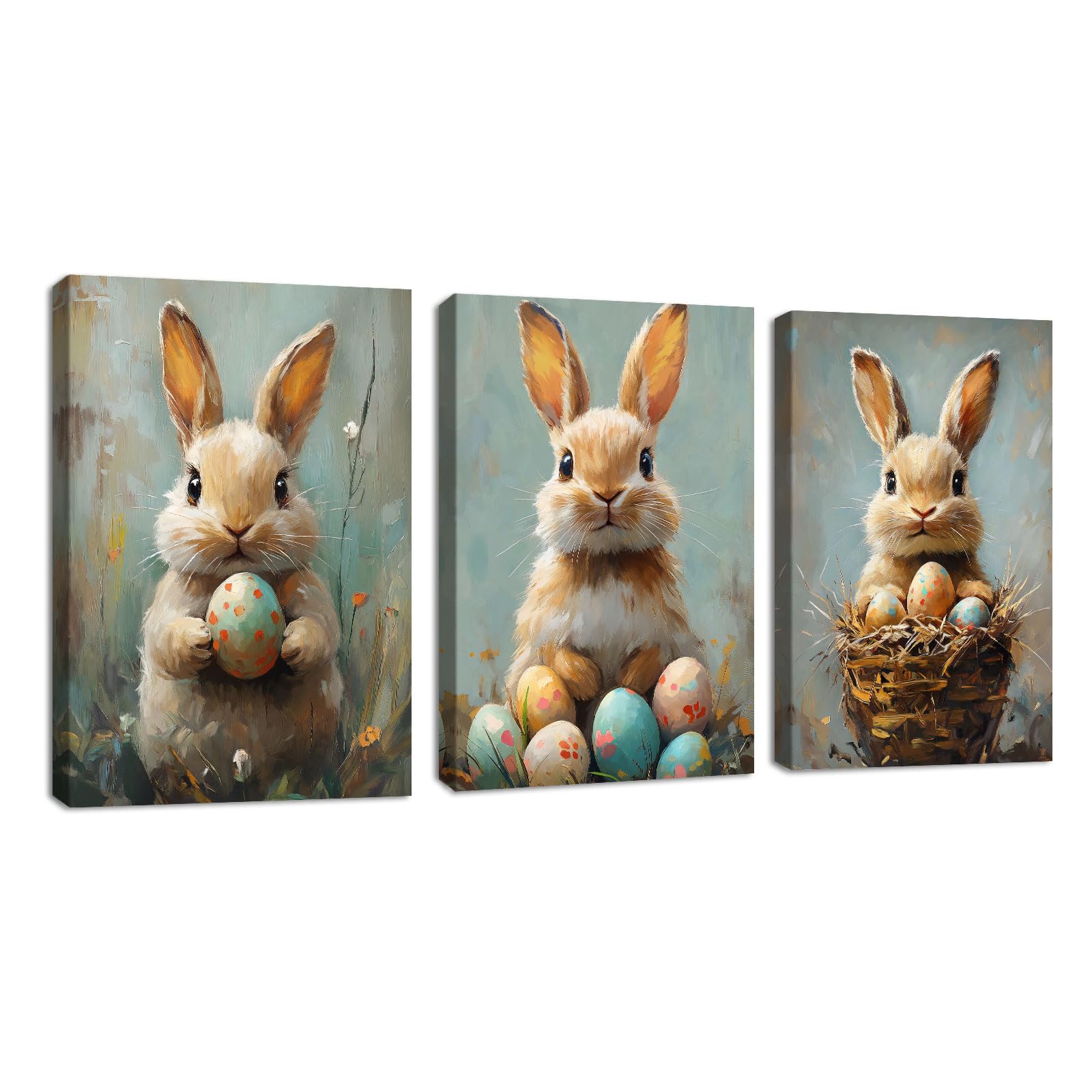 3Pcs Easter Rabbits Canvas Wall Art - Vintage Decor for Nursery & Living Room 30x40cm