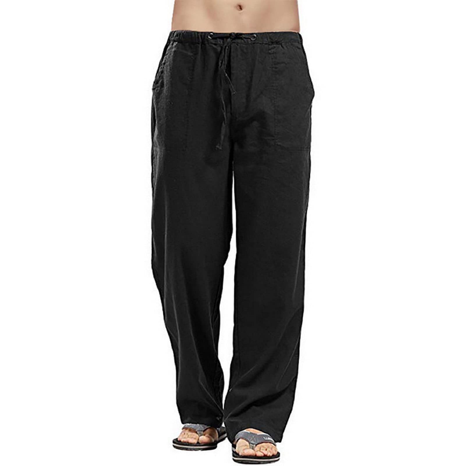 Men's Linen Trousers - Casual Loose Fit, Elastic Waist, Lightweight Yoga Pants, Black, Size M-image-efac6d13-8d59-430c-b2d8-200e7f87e5ad-78247