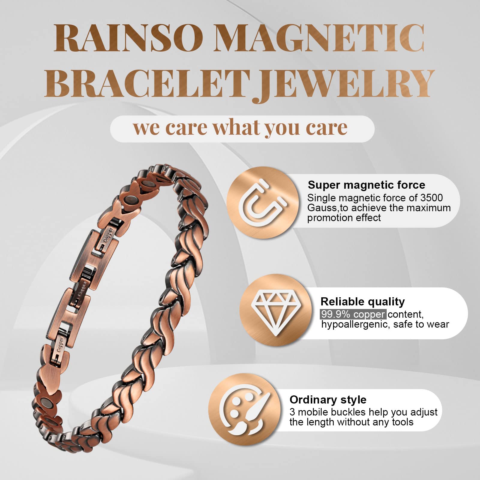 RainSo Womens Pure Copper Bracelets Wristband With Buckle