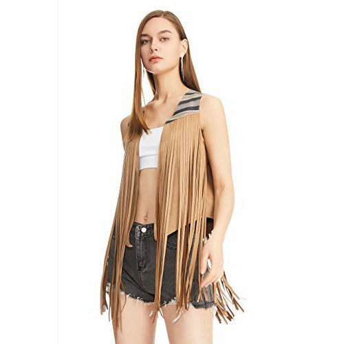 トップス CITYSHOP FRINGE VEST Women Fringe Vest Open Front Contrast Faux Suede Tassel Vest