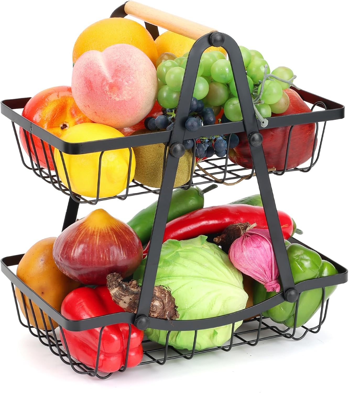 Large Black 2 Tier Fruit Basket with Wood Handle - Metal Fruit & Vegetable Holder-image-e3b99ce1-10dc-4f72-af7f-3995e4bced64-53878