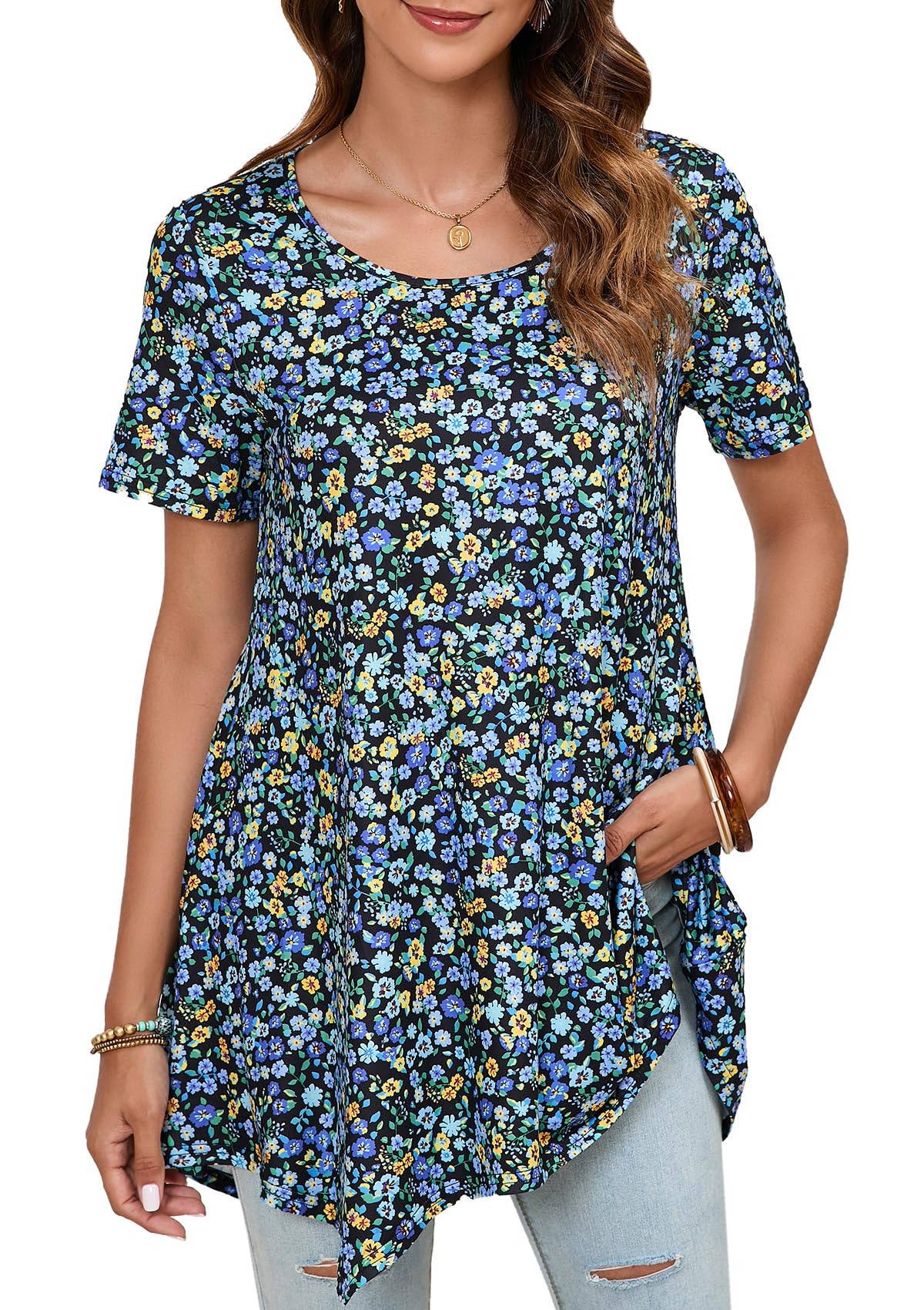 Women's Tunic Top Pleated Swing - Blue-Floral L