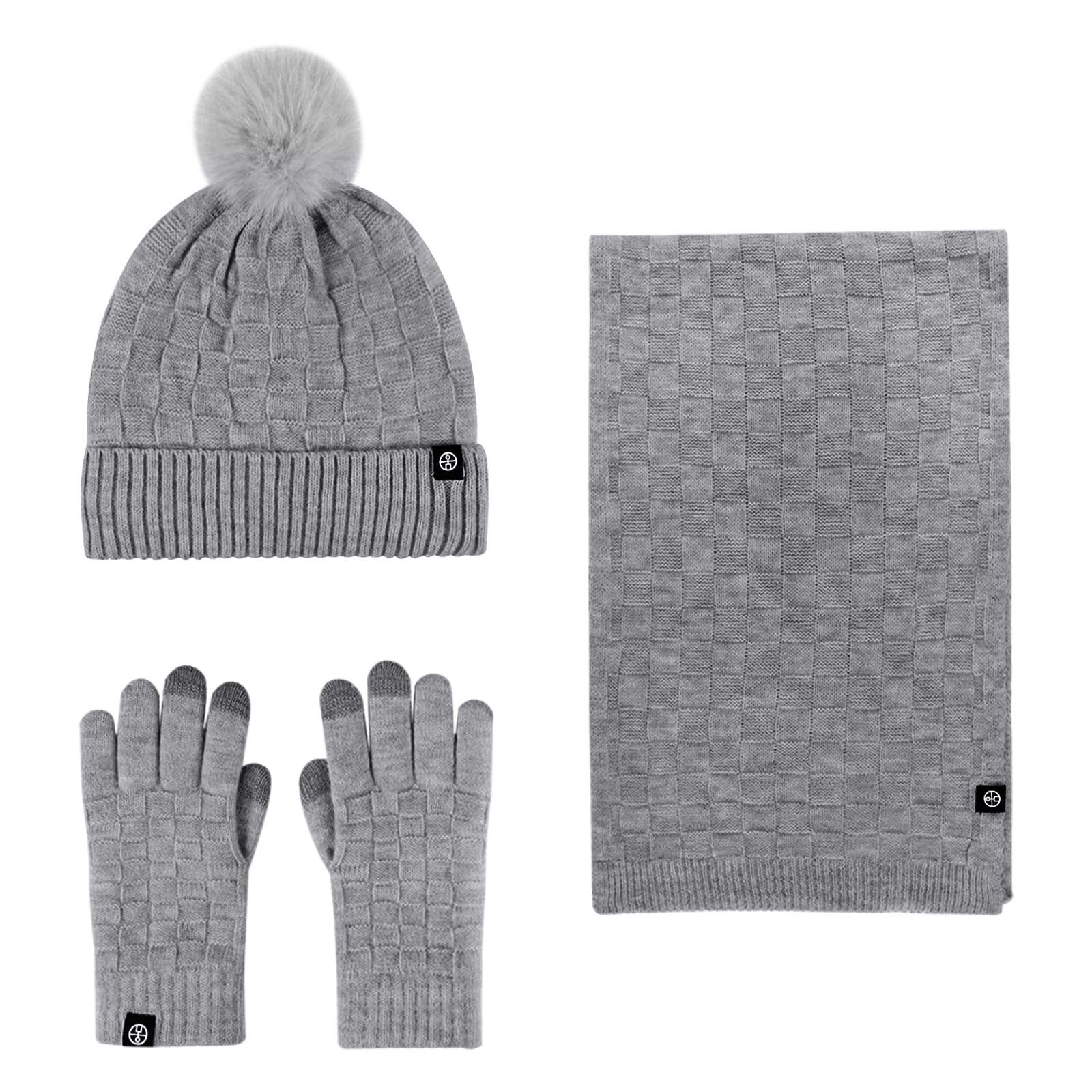 Thermal Winter Warm Knitted Bobble Hat, Scarf & Touchscreen Gloves Set - Unisex, Grey-image-5e2cf9bd-52ef-4e64-a094-1cc63dd83212-66350