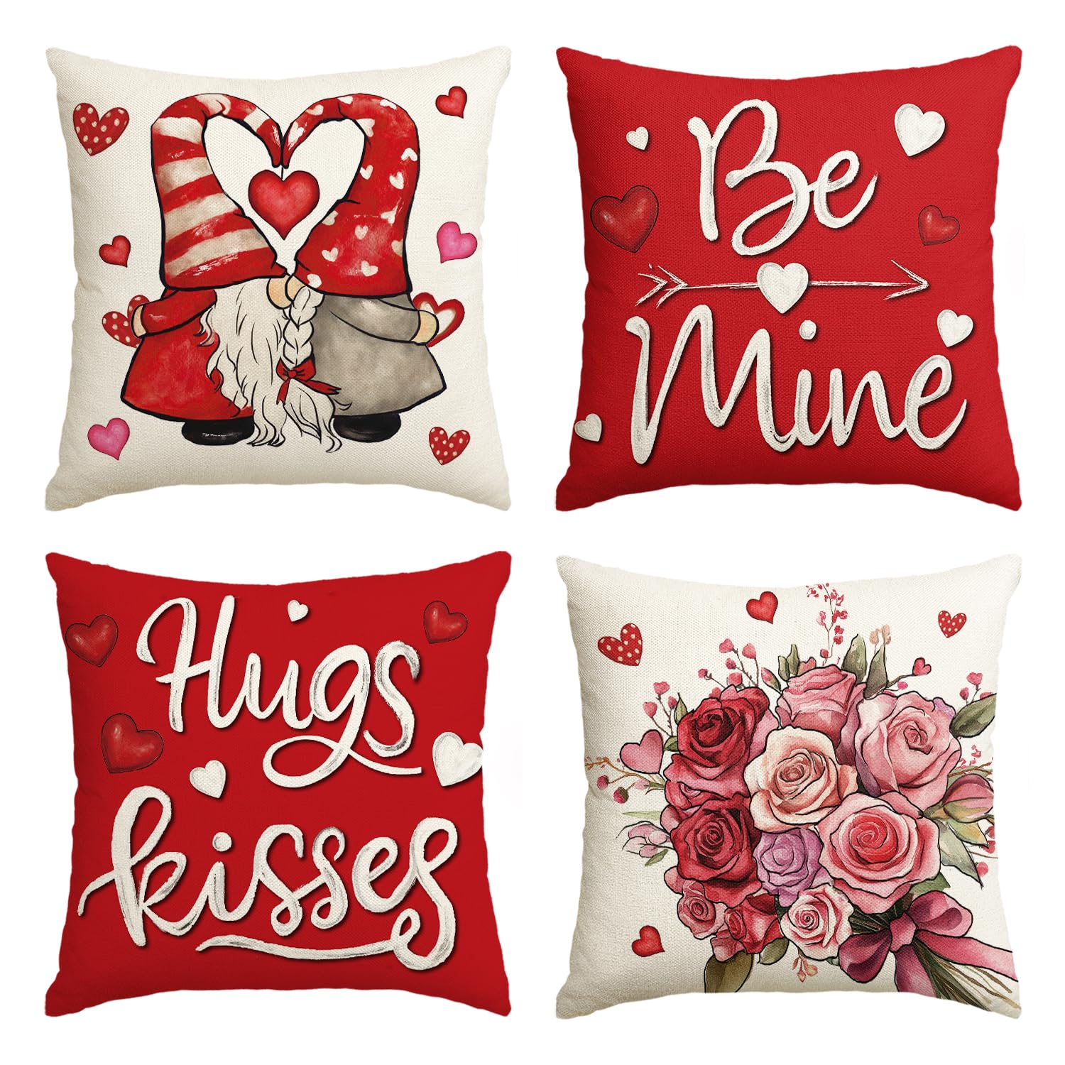 Gnome Rose Flowers Valentine's Cushion Covers Set of 4, 45x45 cm Sofa Decor