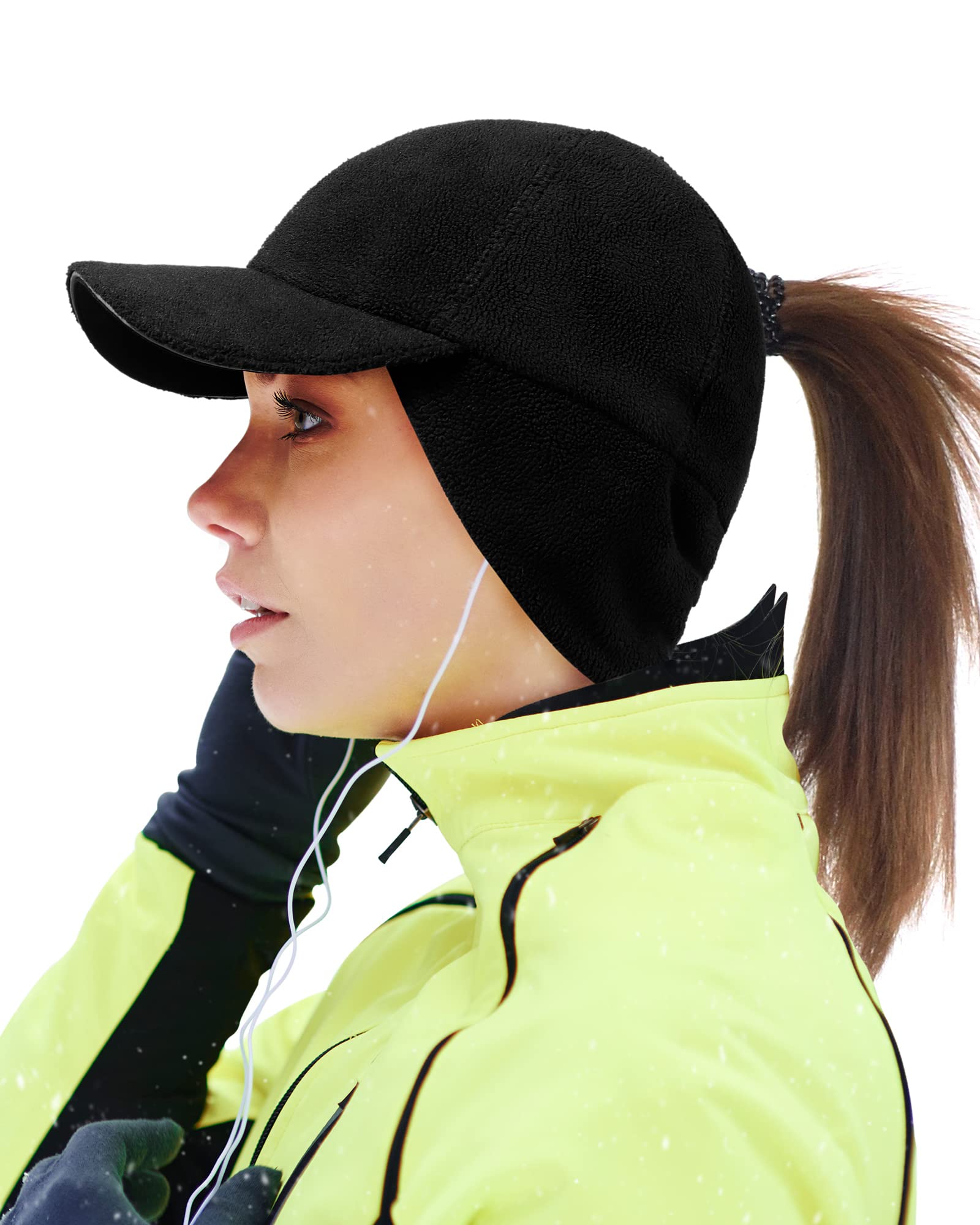 Warm Women's Ponytail Hat with Earflap - Stretchy Fleece Winter Cap for Running, Golf, Hiking - Black S/M-image-f9f3b663-4084-41f8-a8a6-2886092c4b3b-67498
