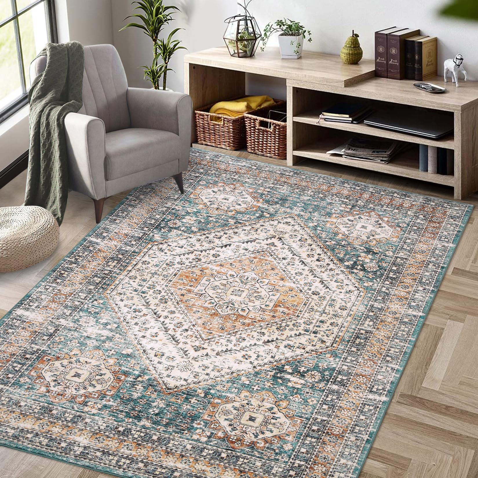 Boho Medallion Area Rug - Vintage Non-Slip Washable Carpet, Soft Medium Pile, Stain Resistant, 80x150 cm, Brown-Green-image-f468bb1a-9a10-40a9-a8ab-22ec58915887-78864