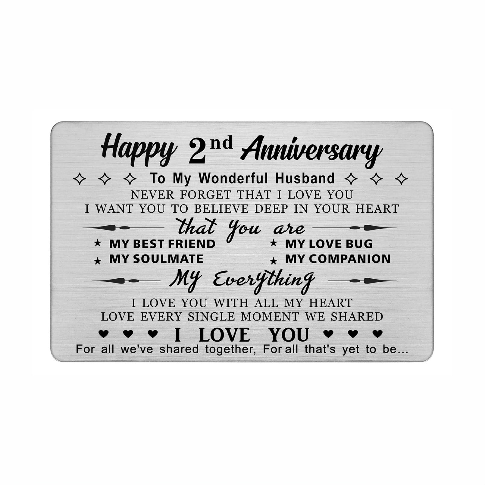 2nd Wedding Anniversary Card for Husband – I Love You With All My Heart, Metal Keepsake by DEGASKEN