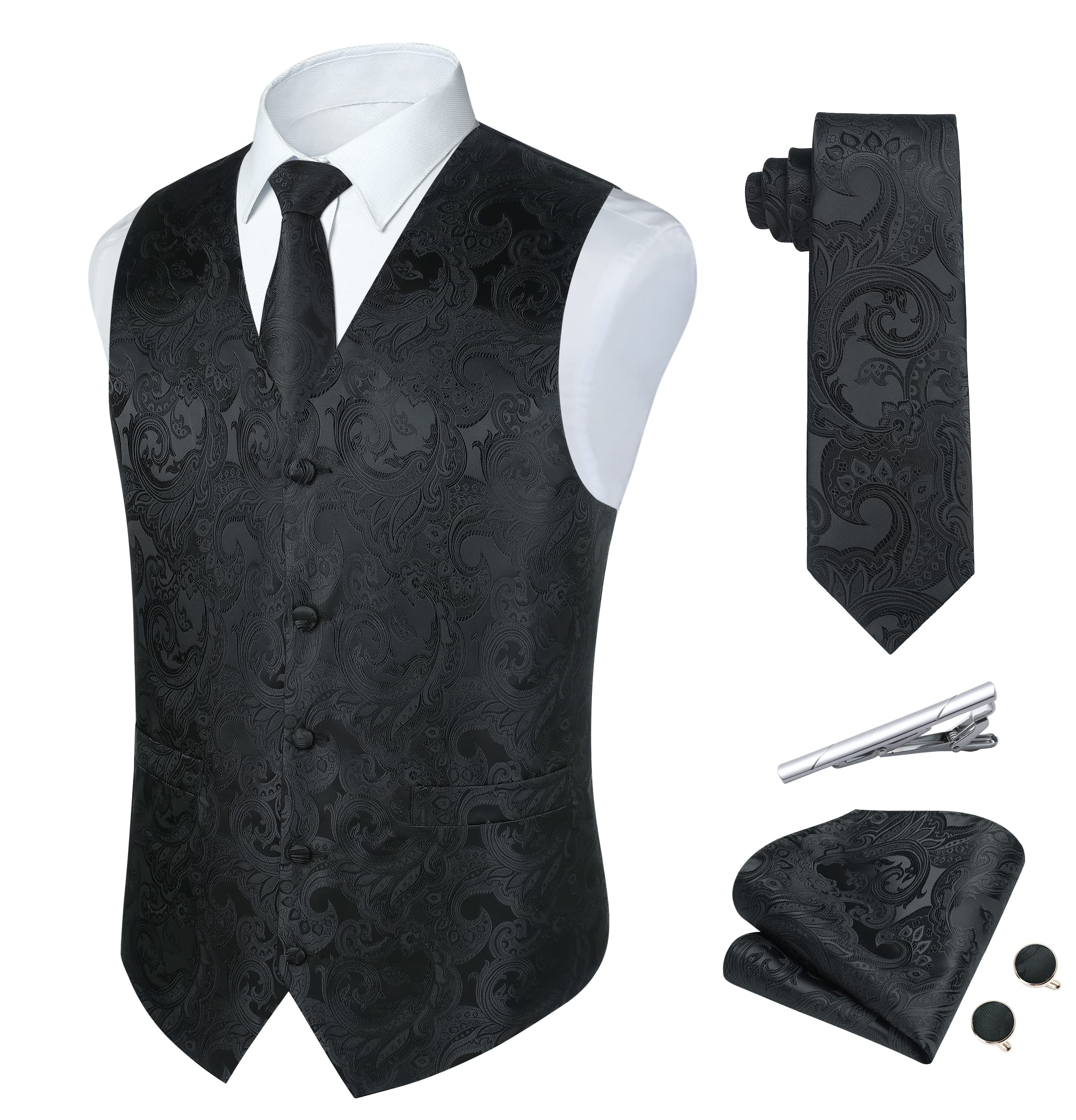 Men's Paisley Silk Waistcoat Set - Grey-1 3XL-image-44f0e849-7c40-4b60-83b4-f0dd6712e575-104357