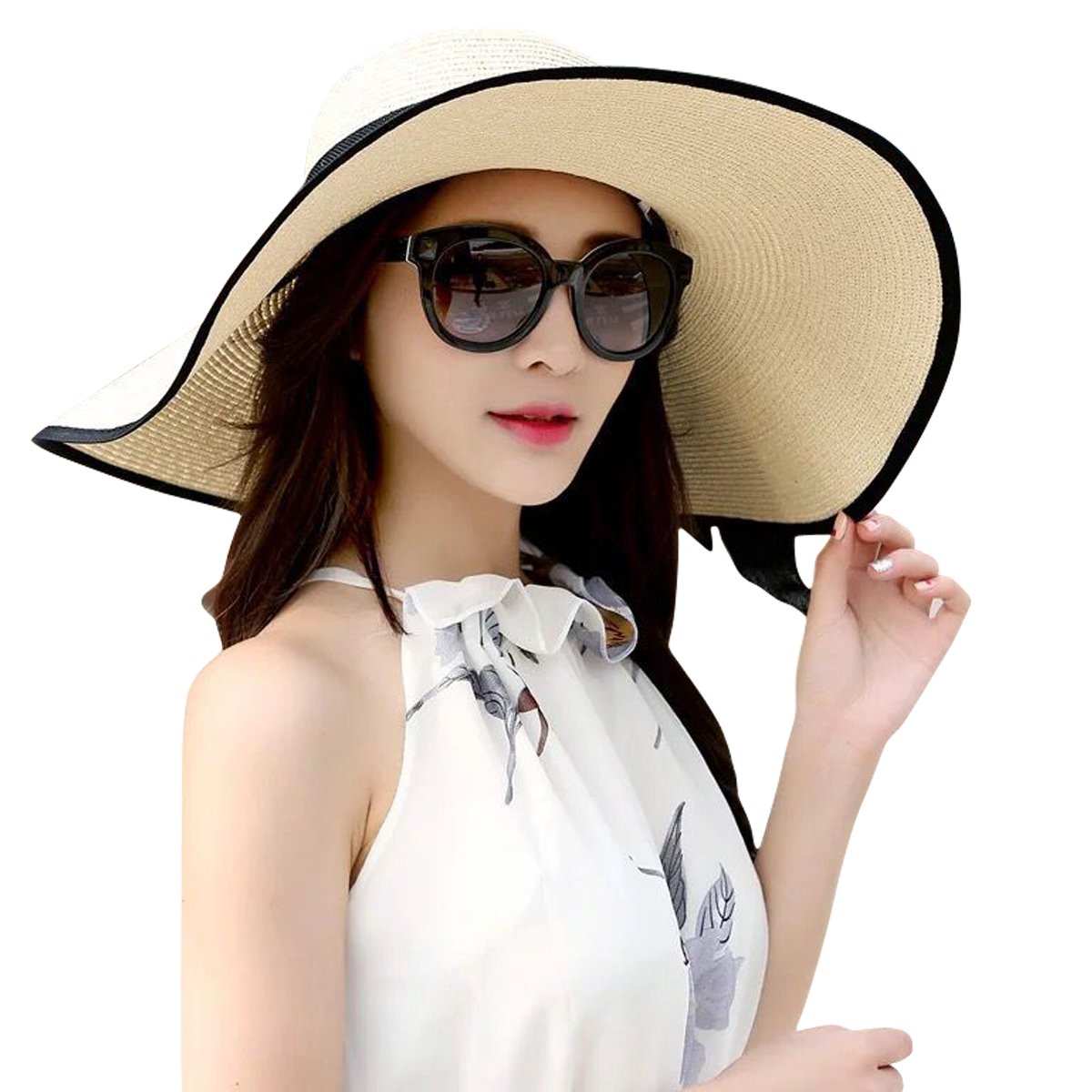 Lanzom Beige Women's Foldable Straw Hat with Big Bowknot - Sun Protection UPF 50+-image-bba6845a-427d-4b6a-923e-38aa299668cf-54146