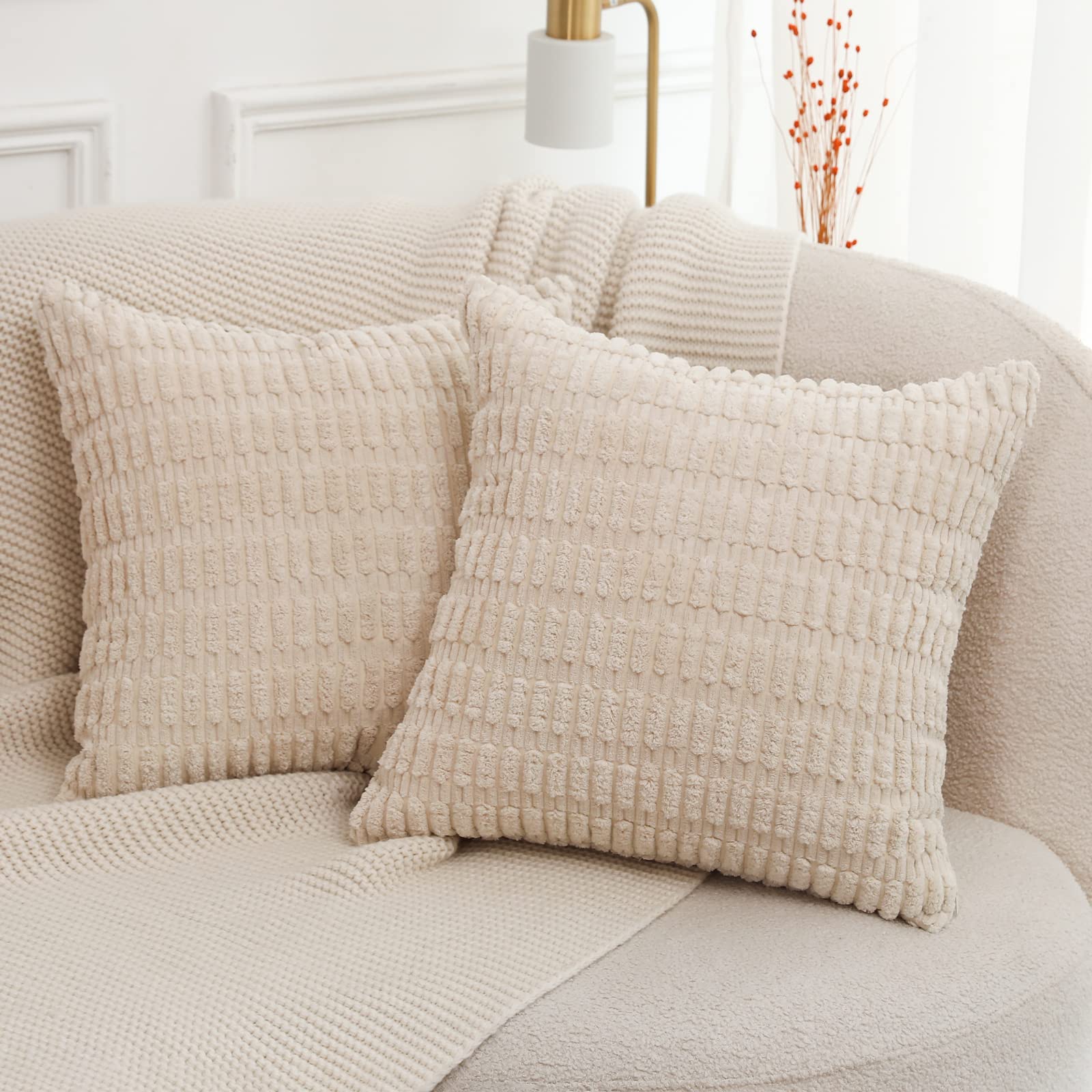 Set of 2 Beige Striped Corduroy Boho Cushion Covers 45x45 cm
