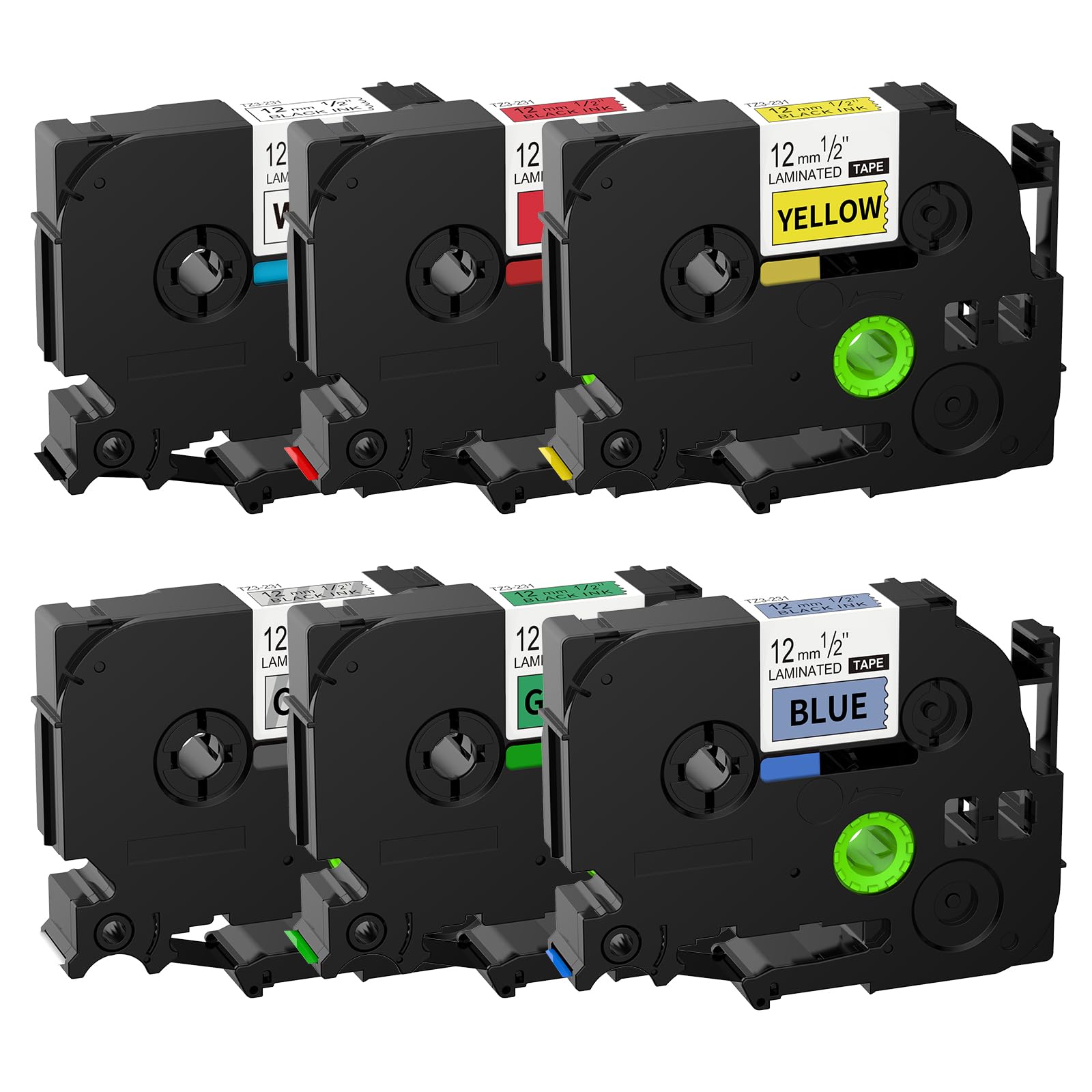 Weipto 12mm x 8m Label Tapes for Brother P-Touch - 6 Colour Pack: Black, Clear, Red, Blue, Yellow, Green-image-848331c0-9ce5-45c5-983b-d5feff076ac5-55677