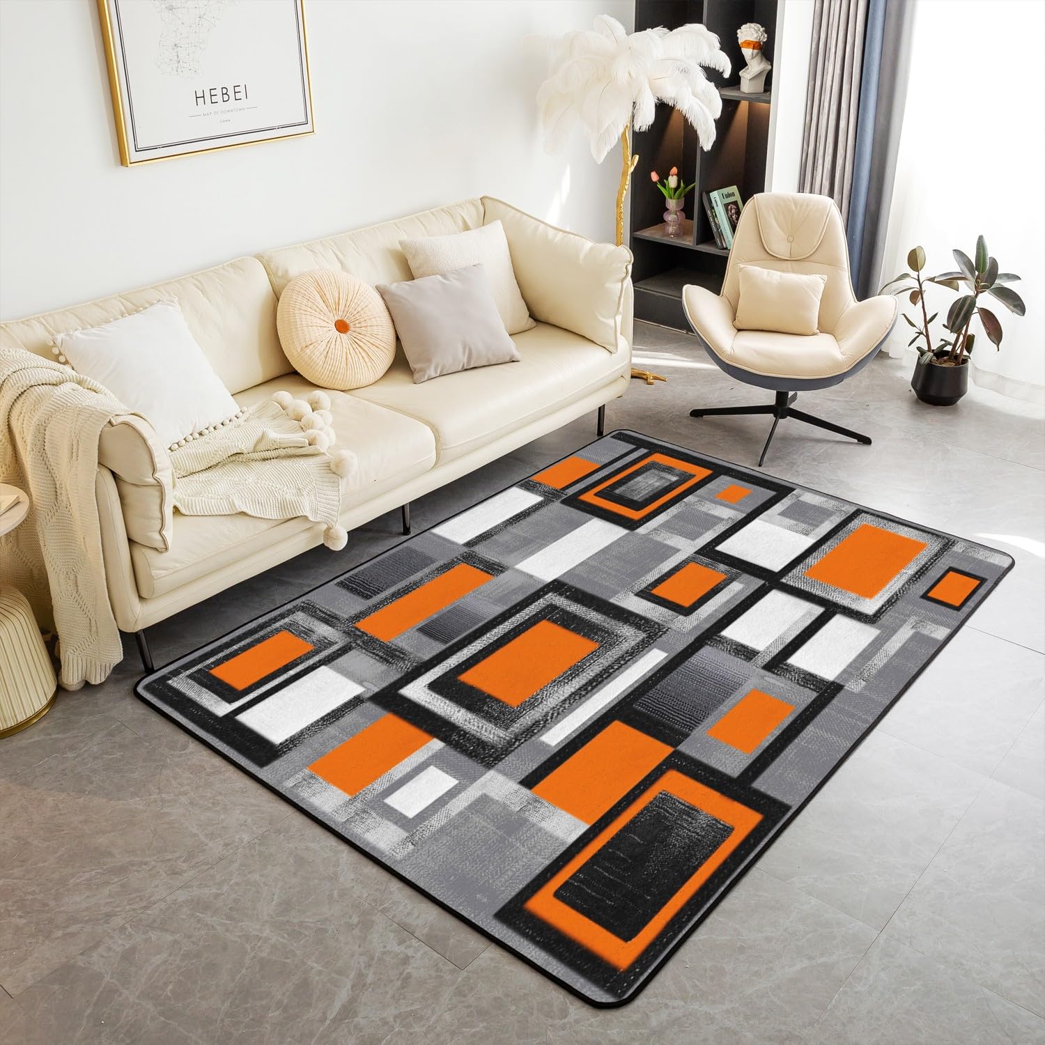 Geometric Area Rug - 150x200cm Orange Grey Black