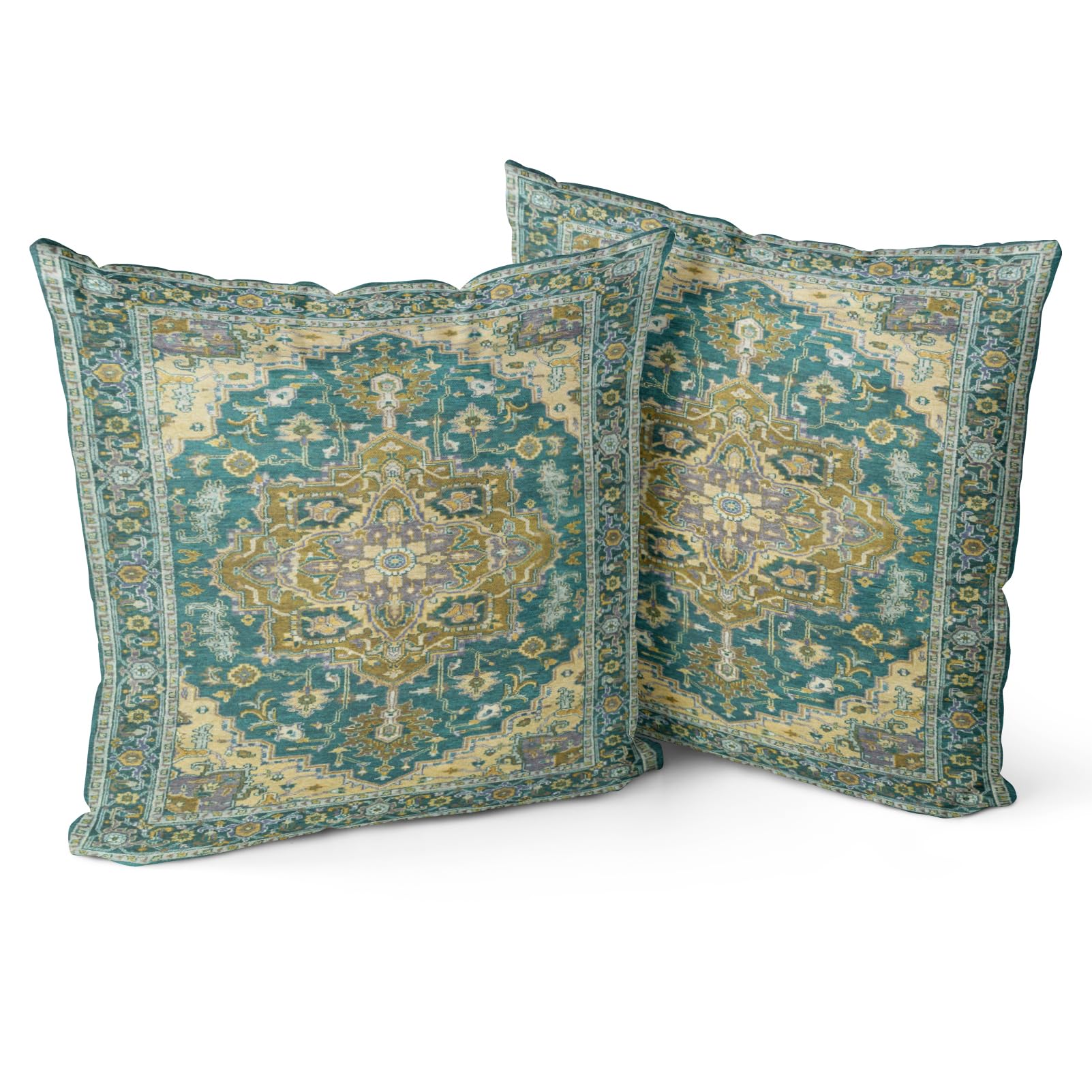 Boho Throw Pillow Covers Set - Double-Sided Dark Green Vintage Design 40x40cm for Sofa, Bed, Garden