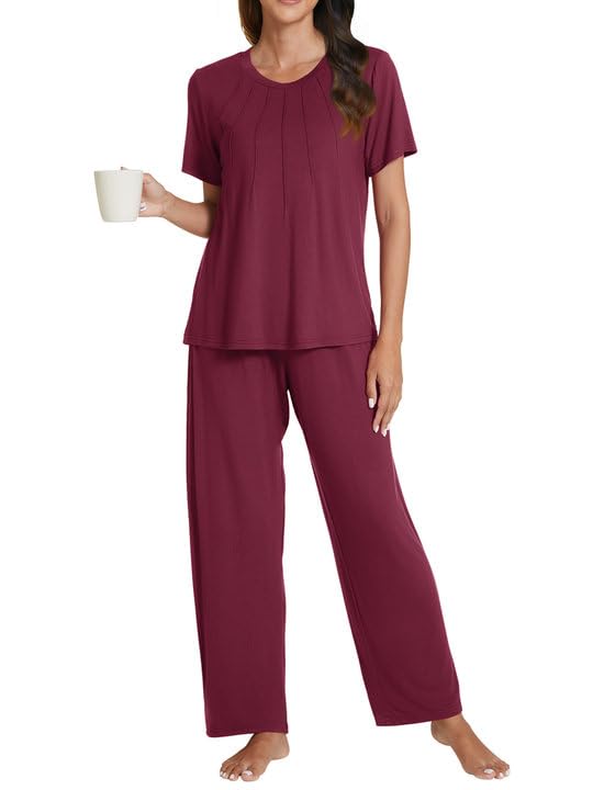 Women's Soft Short Sleeve Pajama Set with Comfy Loose Long Pants - Wine Red, Size S-image-743ac1aa-fd0e-42db-a303-ac84185e54fa-80068