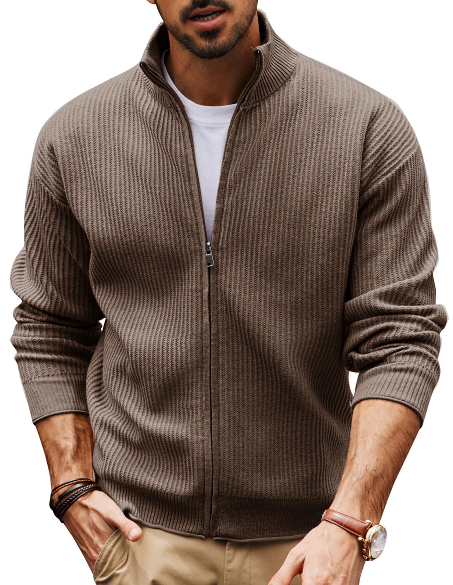 Men's Slim Fit Stand Collar Cardigan - Lightweight Zip-Up Knit in Brown - Sizes S-2XL-image-d2f1e2eb-666a-4ce5-a018-d1347db946f0-67240