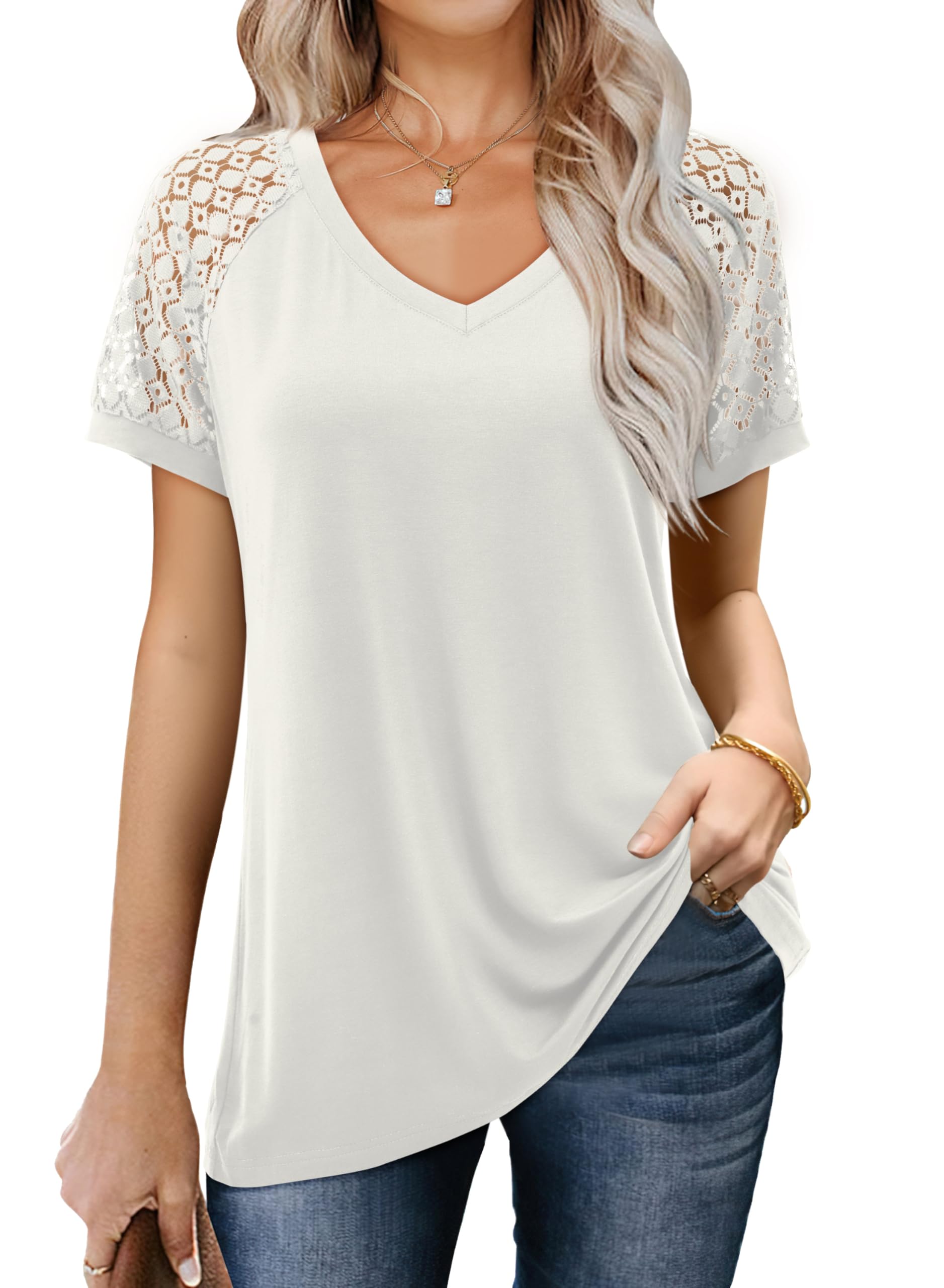 Amoretu Ladies Top Summer Short Sleeve Lace Blouse Elegant V Neck 8 10