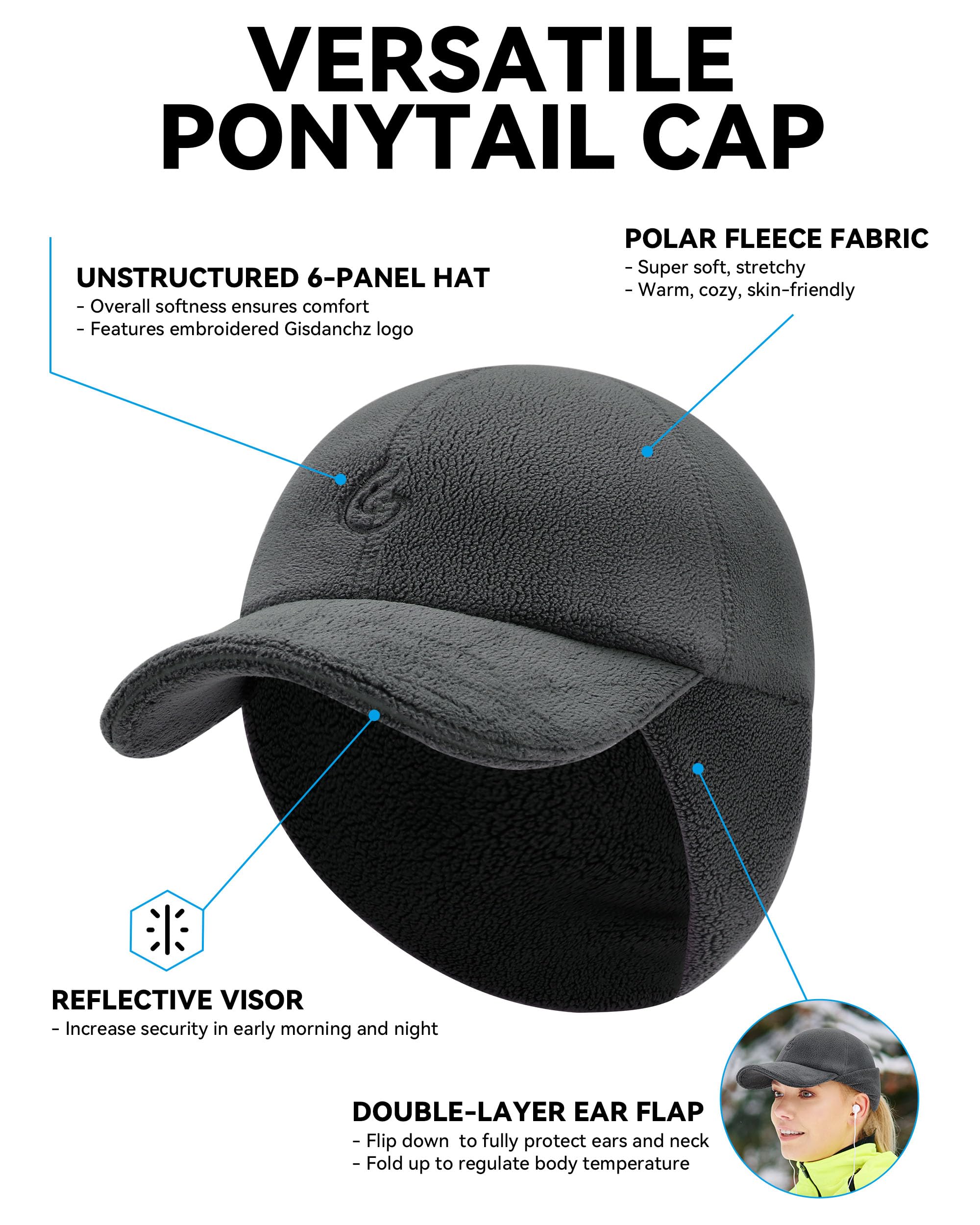 Women\'s Winter Reflective Fleece Ponytail Hat Ear Flap Running Cap Women main image 3
