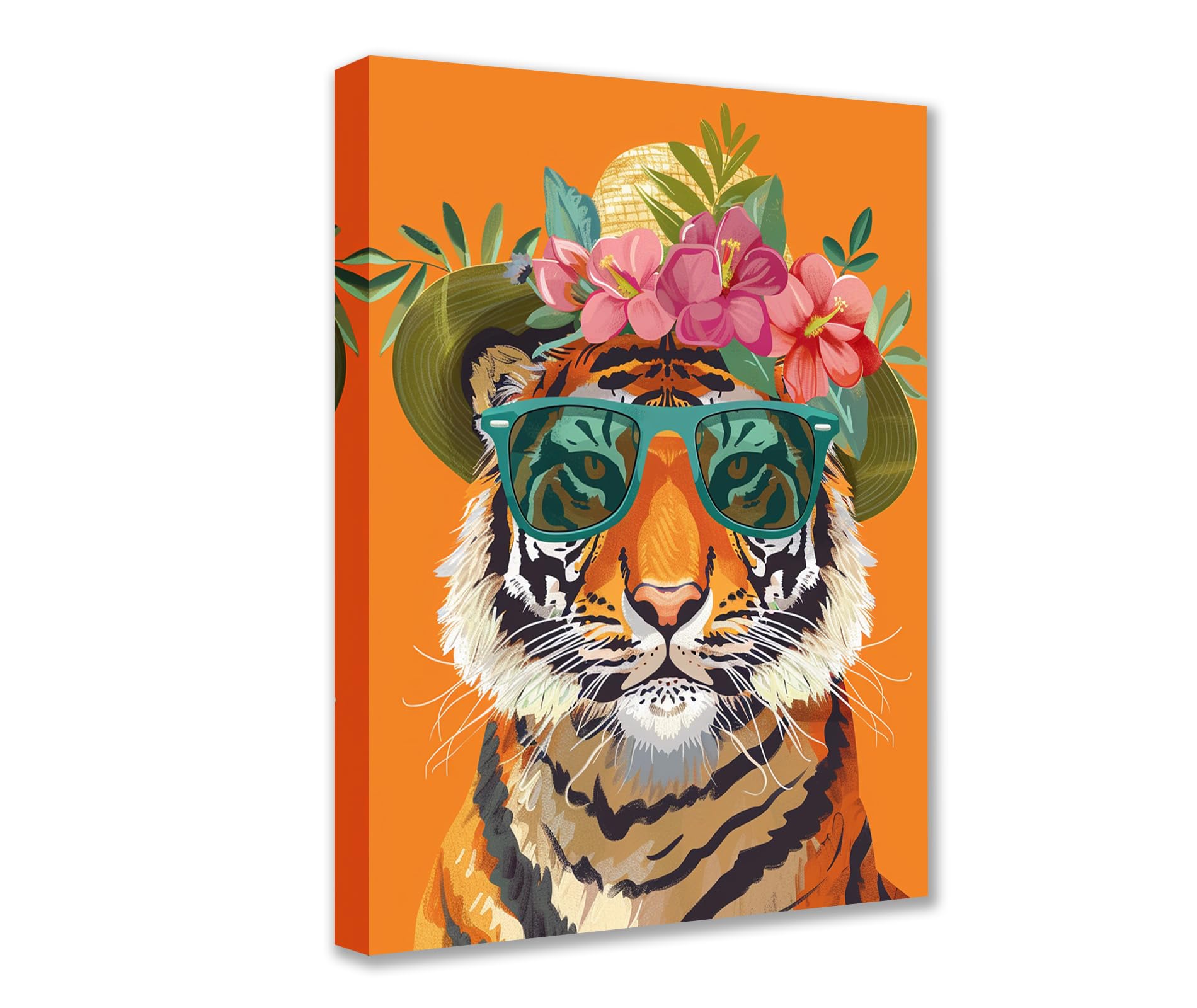 Framed Canvas Wall Art: Tiger with Shades & Flowers, 12x16inch - Ready to Hang, Perfect Home Décor-image-dbc364a0-5739-44fd-af11-790a3b38f067-67214