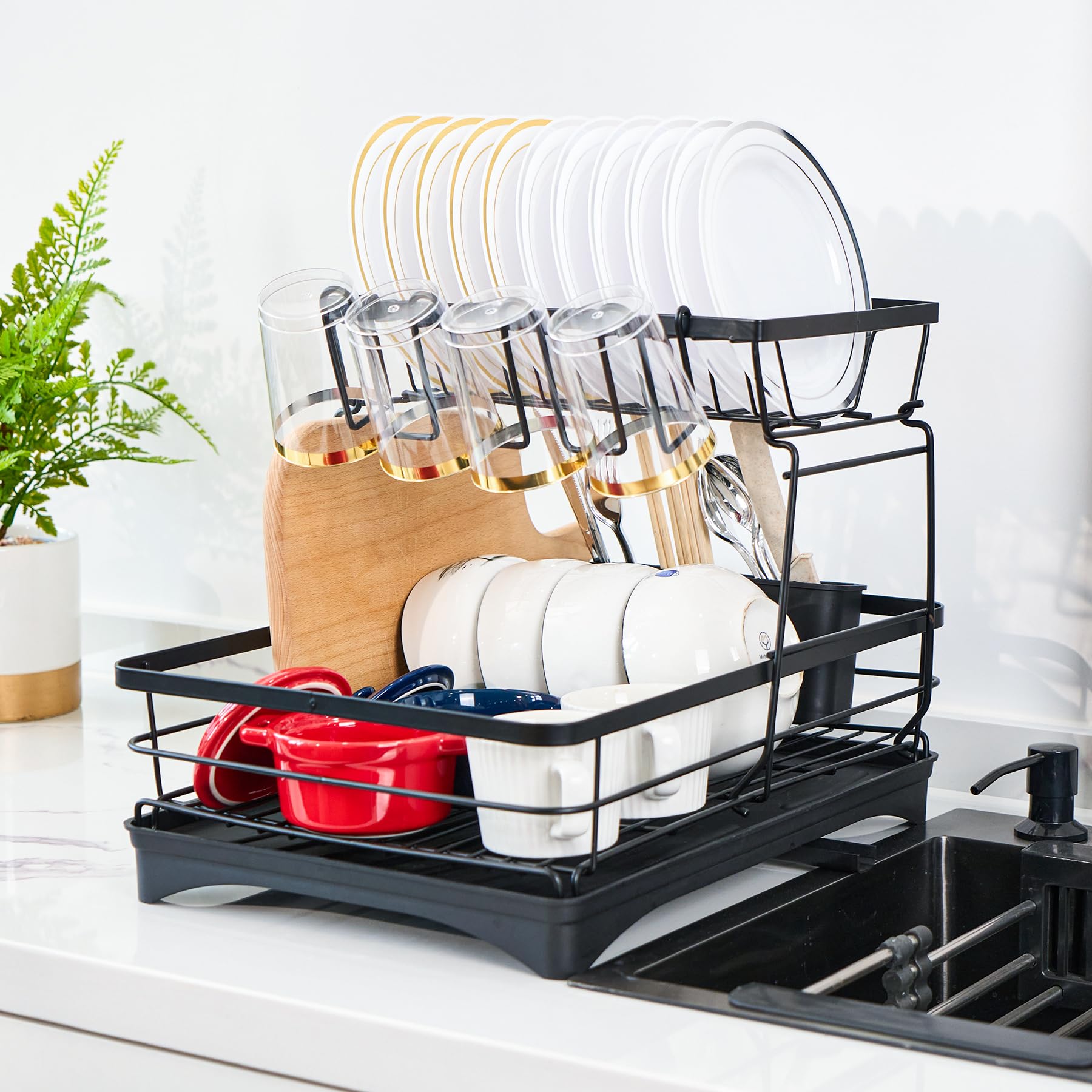 Hawthyhome Tier Dish Drainer Rack with Drip Tray, 2 Large Spout，Black-image-f8a104f5-7bd0-47c3-b095-03c53bb4e576-55820