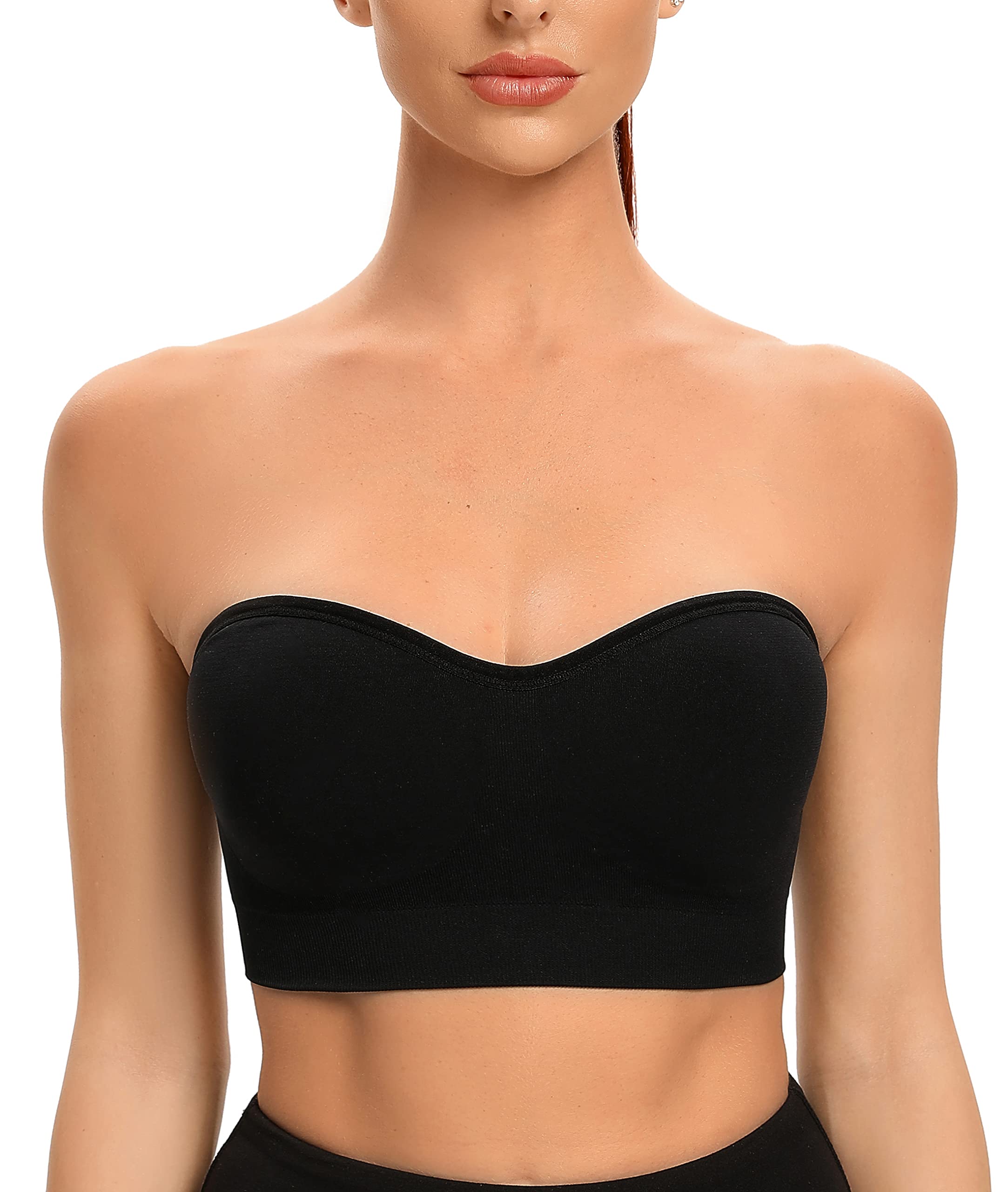 Gnowann Bandeau Bra Removable Padded Strapless Bra Tube Seamless Black