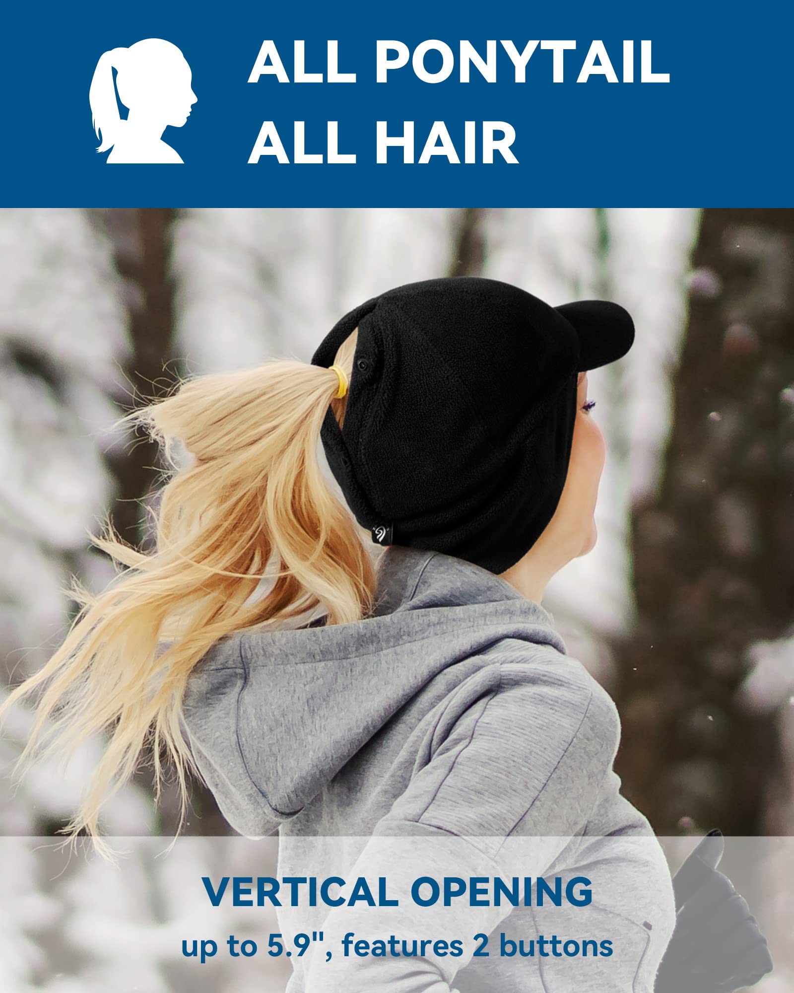 PivotWing Winter Ponytail Hat With Ear Flaps – Reflective Stretchy Fleece Baseball Cap For Women Runners - View #4