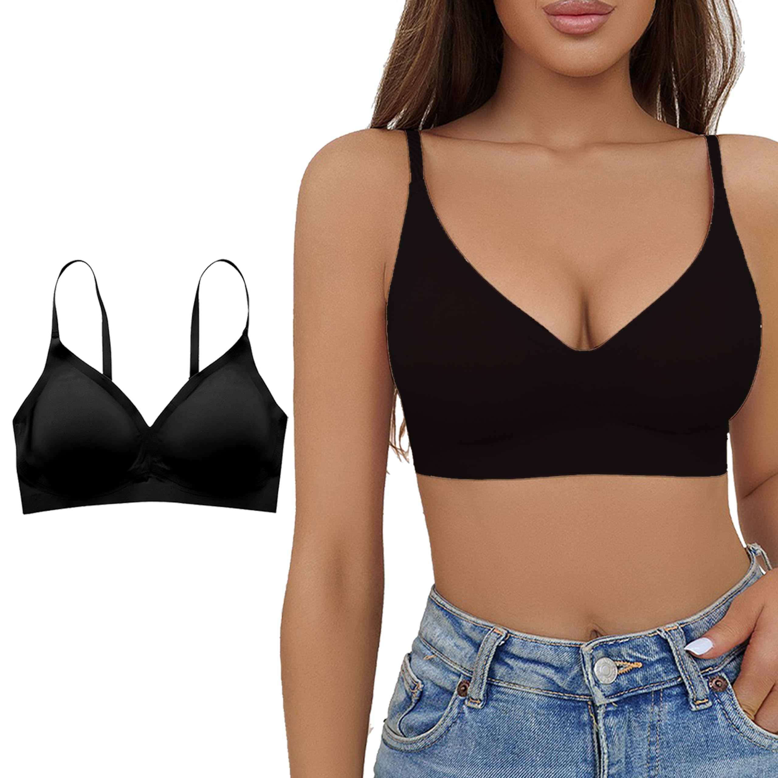Seamless Wireless Comfort Bra for Women - Padded, Adjustable, Deep V-Neck, Ideal for Yoga & Fitness - Black-image-ea53095d-f4dc-4c66-96ab-518d942ca7a8-67153