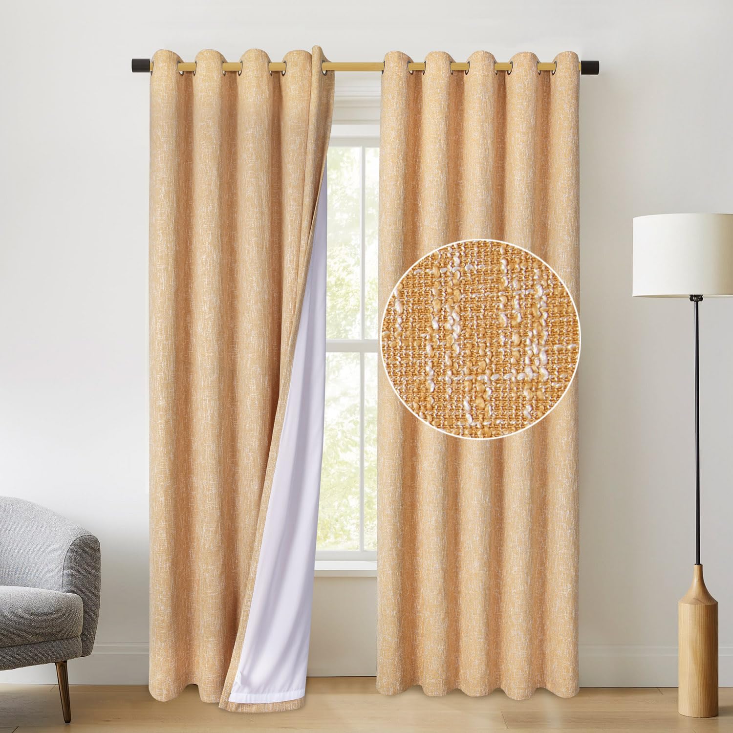 Linen Look Eyelet Curtains - Ochre W46×L72in-image-662b31e4-3dd8-4faf-b79f-4e83e14b2f91-114455
