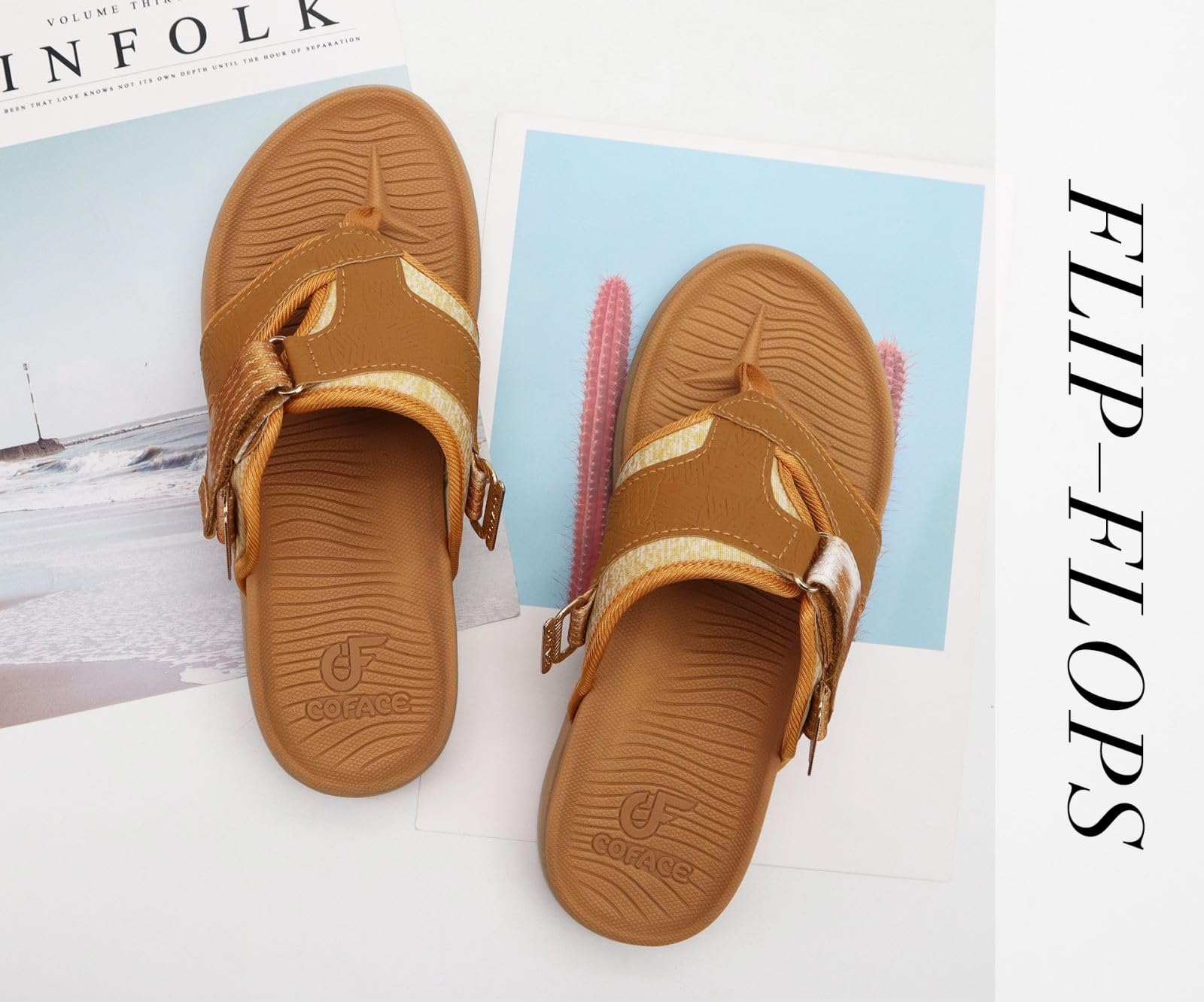 COFACE Leather Flip Flops for Women With Comfortable Arch Suppor 並行輸入品 COFACE Womens Orthopedic Flip Flops Ladies Slip On Athletic Yoga