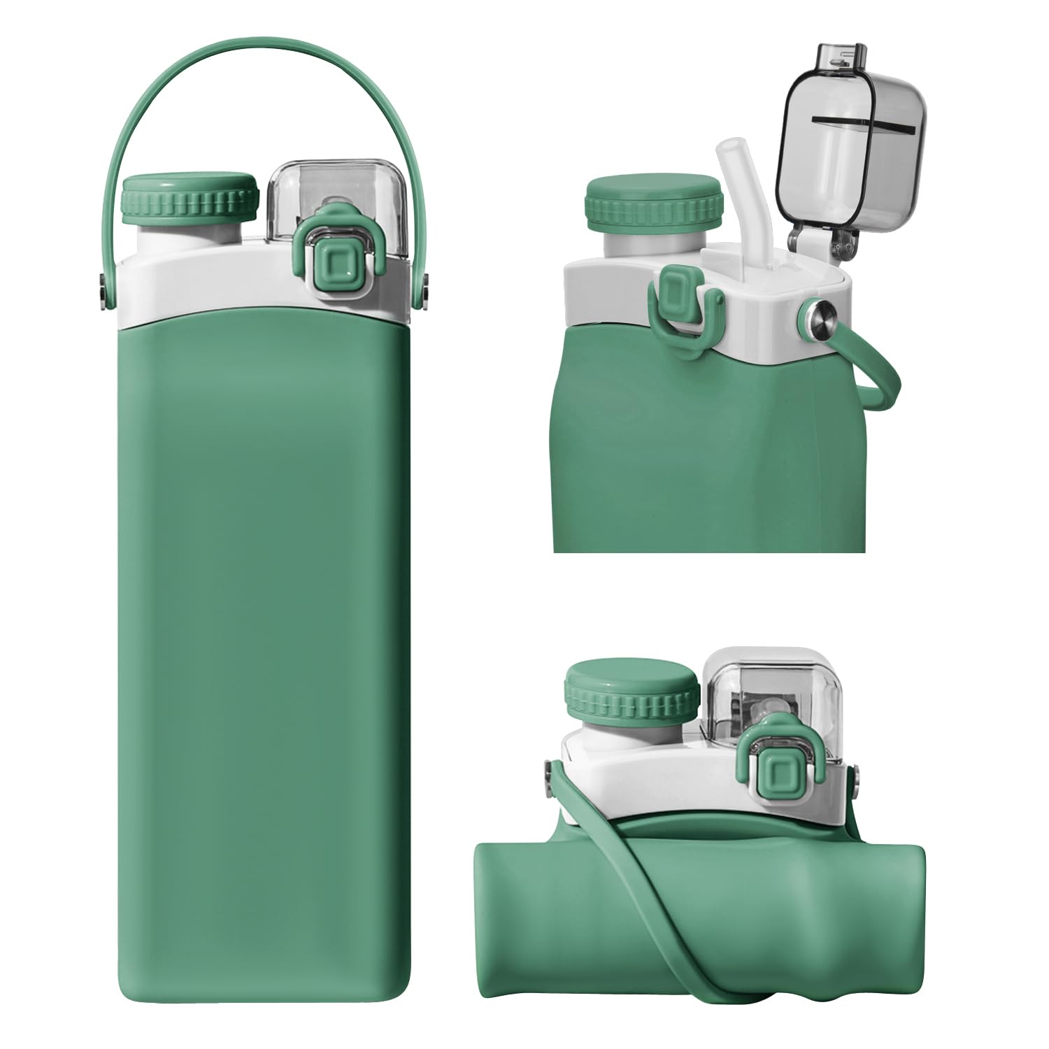 Green 600ml Collapsible Silicone Water Bottle with Straw & Strap - BPA Free, Leakproof & Foldable-image-b6cae3b9-889e-4721-9c61-a0ddc4f093d1-59208