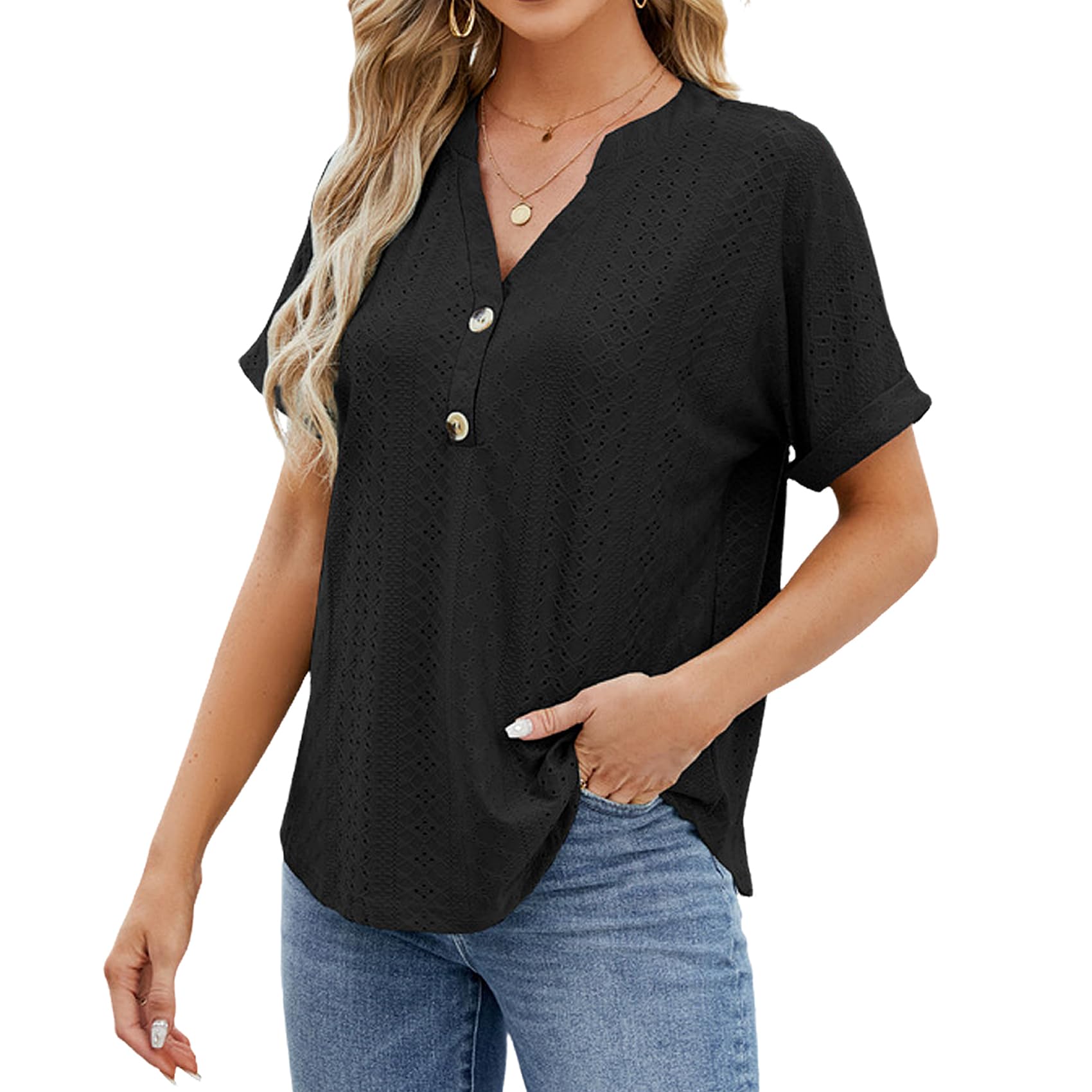 Women's V Neck Short Sleeve Blouse - Black Small-image-17192743-632e-4e2b-80da-46a5555c678c-99164